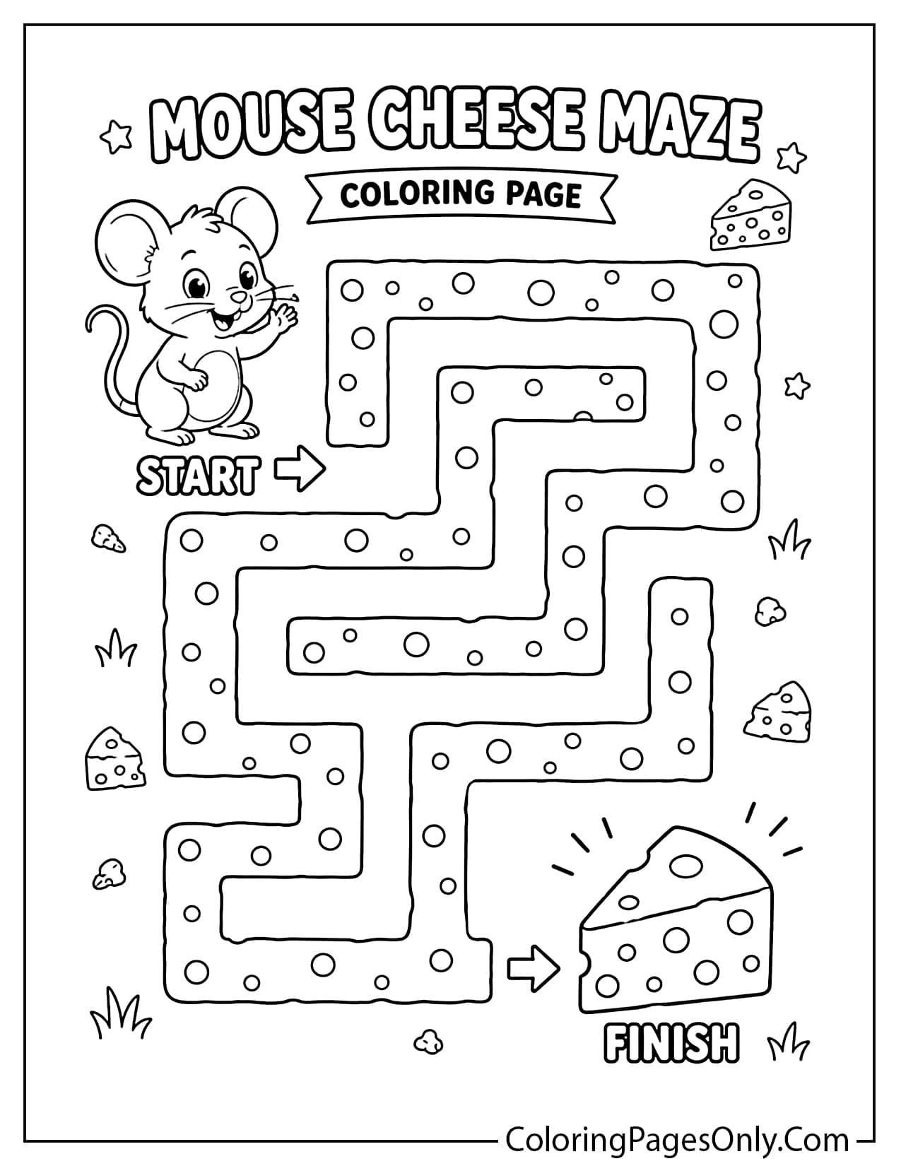 Mouse cheese maze coloring page printable activity from Mouse