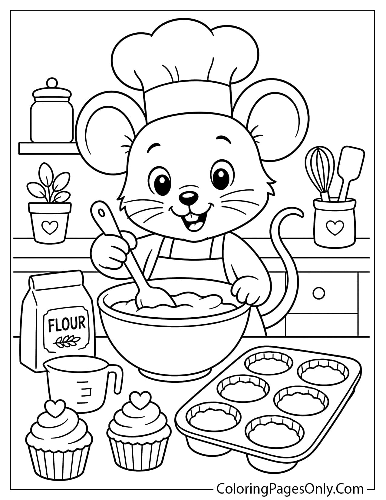 Mouse chef baking cupcakes coloring page for children from Mouse