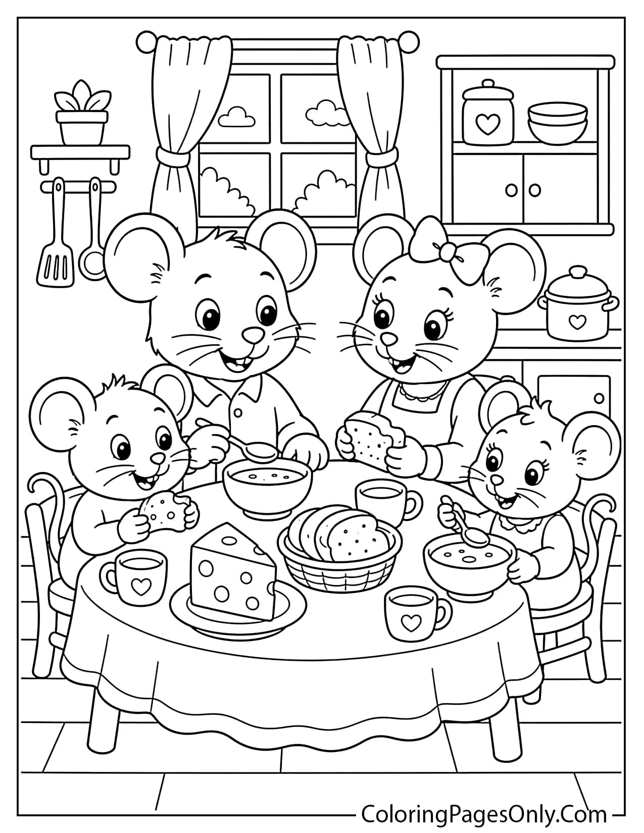 Mouse family dinner coloring page printable PDF from Mouse