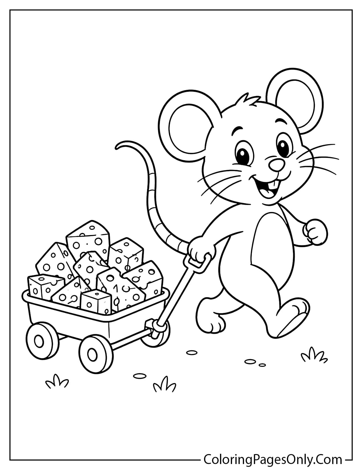 Mouse pulling cheese wagon coloring page for kids from Mouse