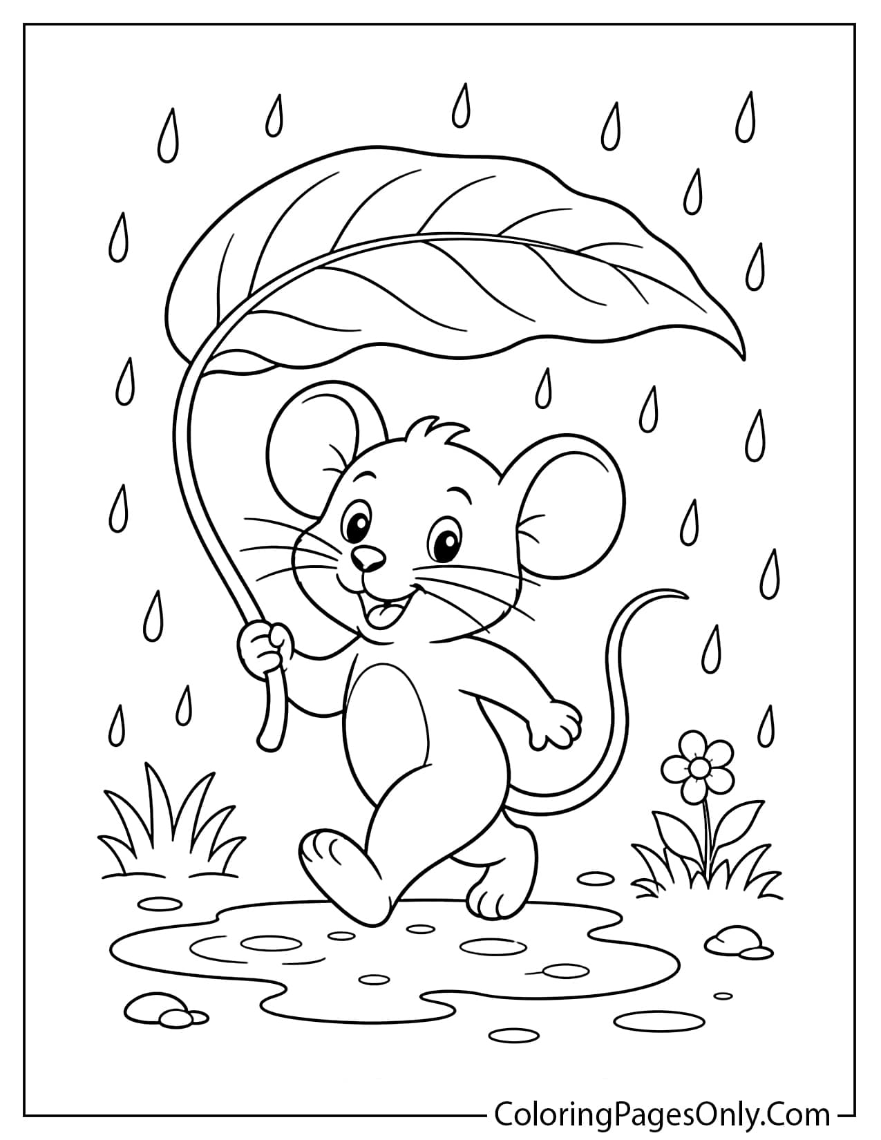 Cute mouse with leaf umbrella coloring page printable from Mouse