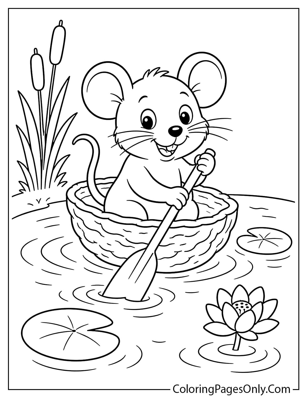 Mouse in a walnut boat coloring page for kids from Mouse