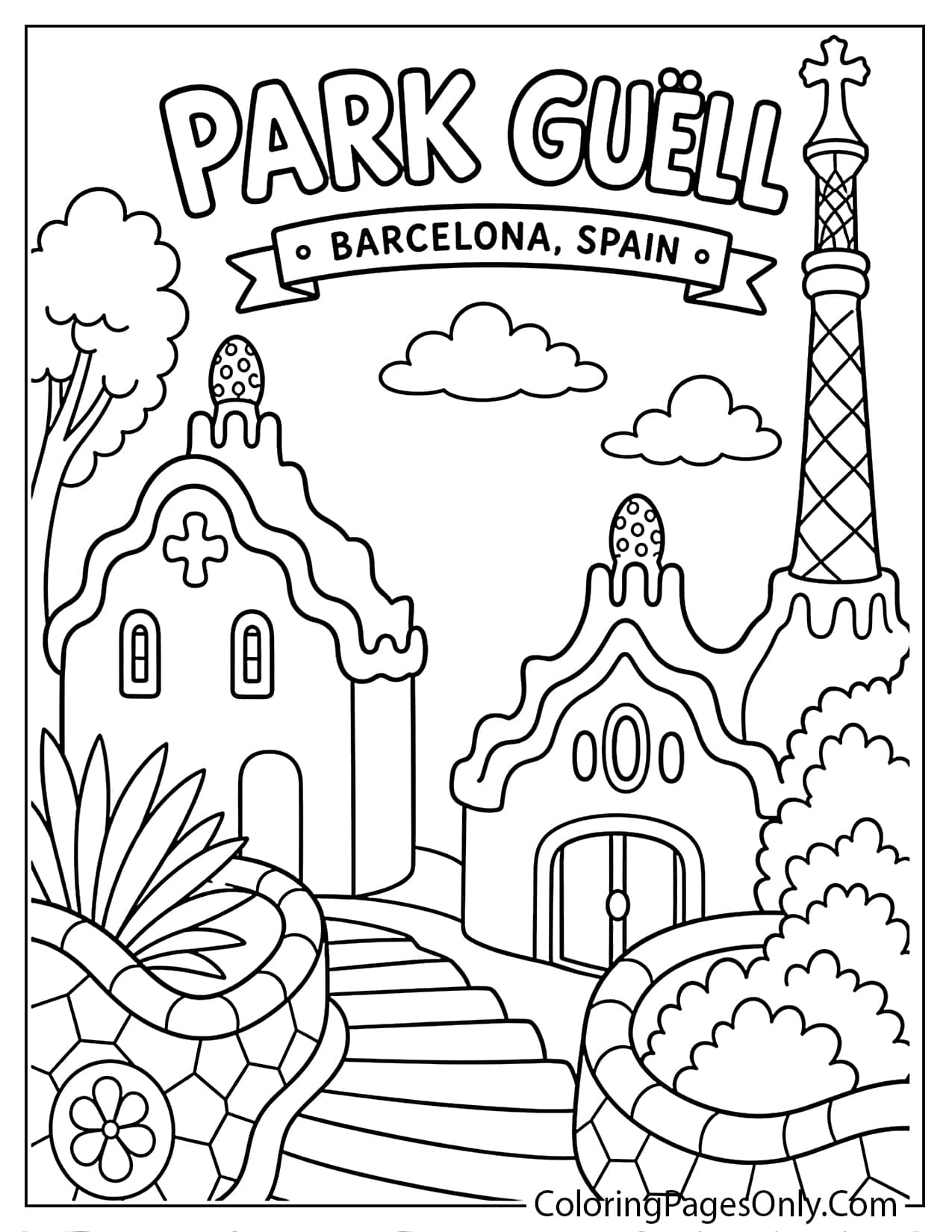 Park Guell Barcelona coloring page with mosaic buildings, curved paths and whimsical architecture from Spain