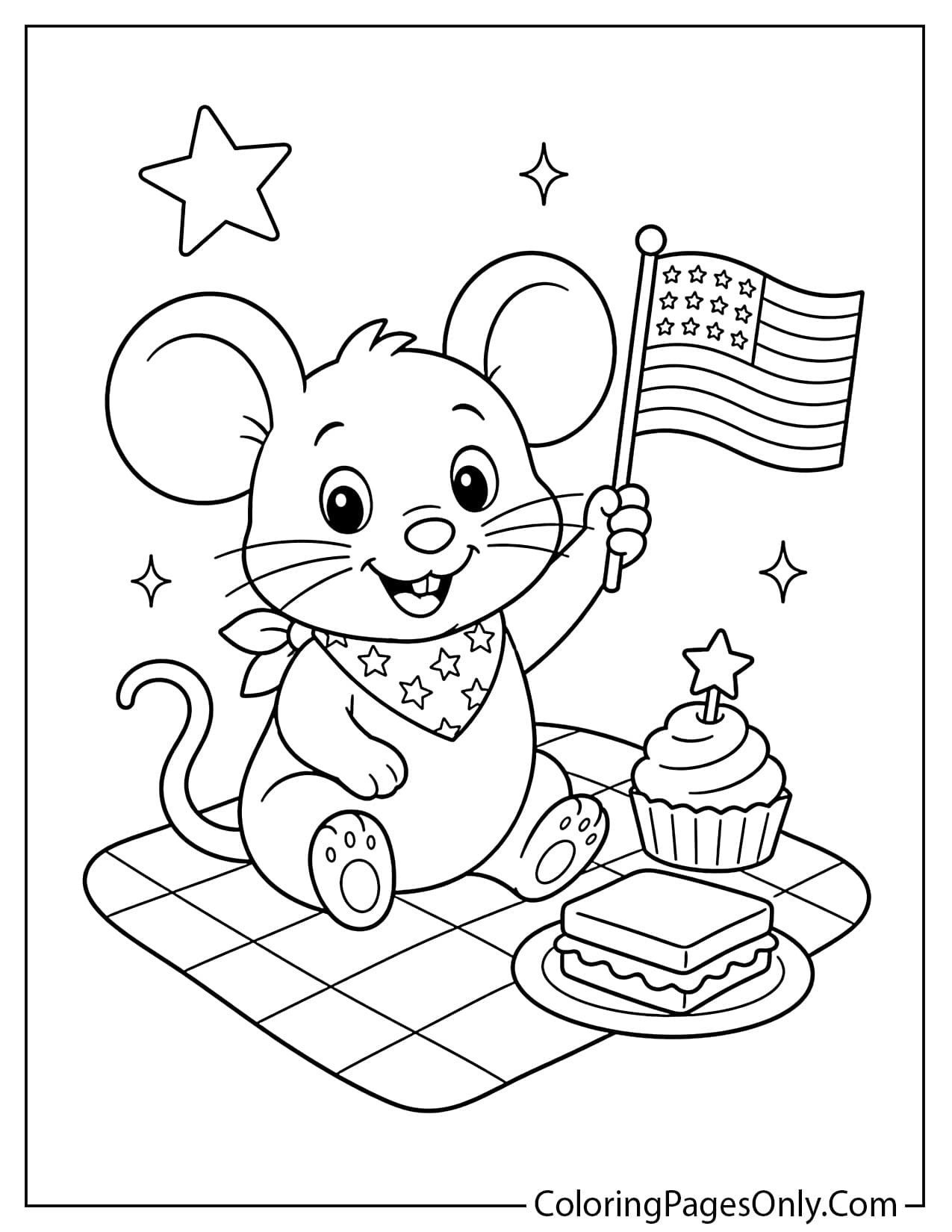 Patriotic mouse with American flag coloring page from Mouse