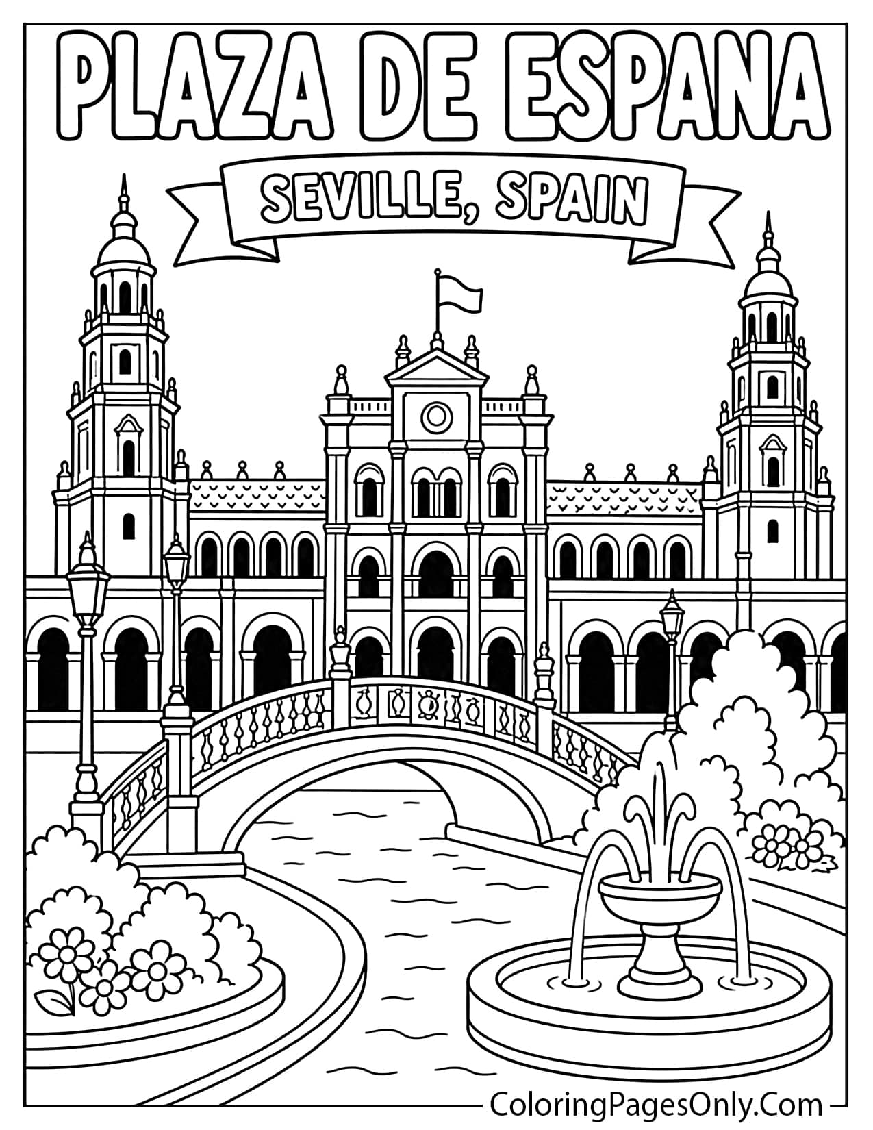 Plaza de Espana in Seville coloring page with bridges, towers, fountains and Spanish architecture from Spain