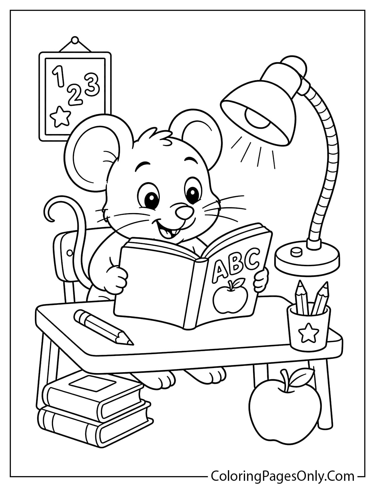 Reading mouse coloring page for preschool and kids from Mouse