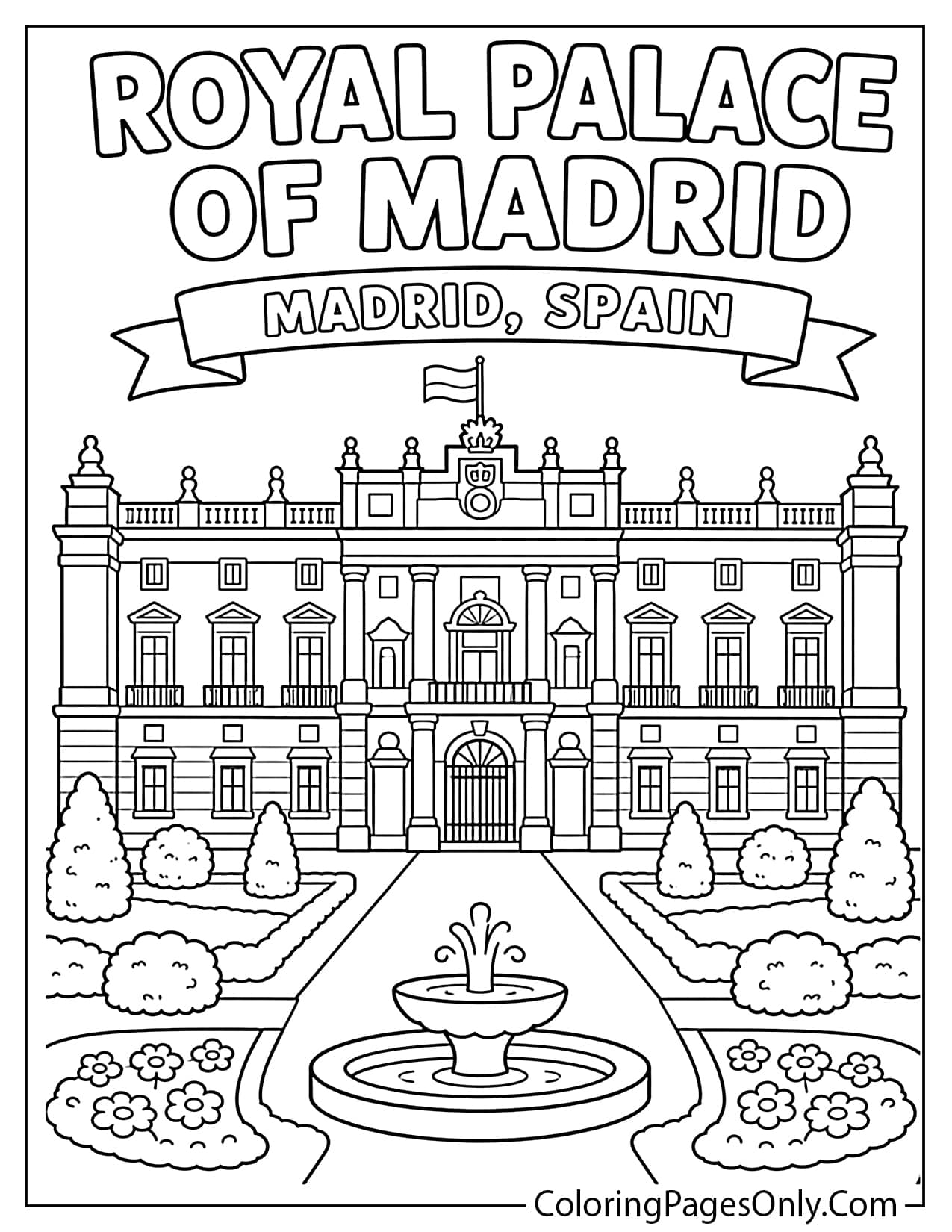 Royal Palace of Madrid Spain coloring page with grand windows, gates and formal gardens from Spain