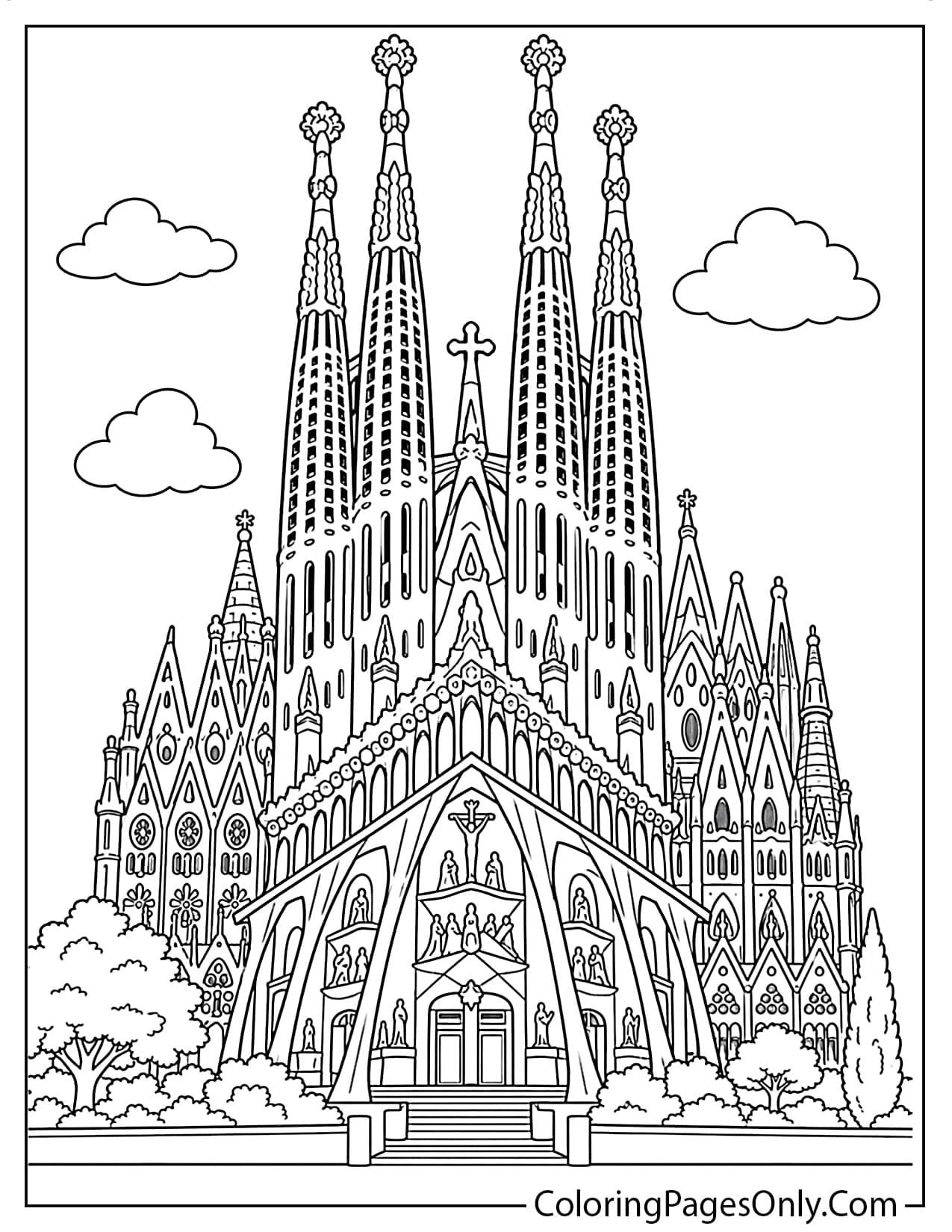 Sagrada Familia basilica in Barcelona Spain coloring page with detailed towers and architecture from Spain
