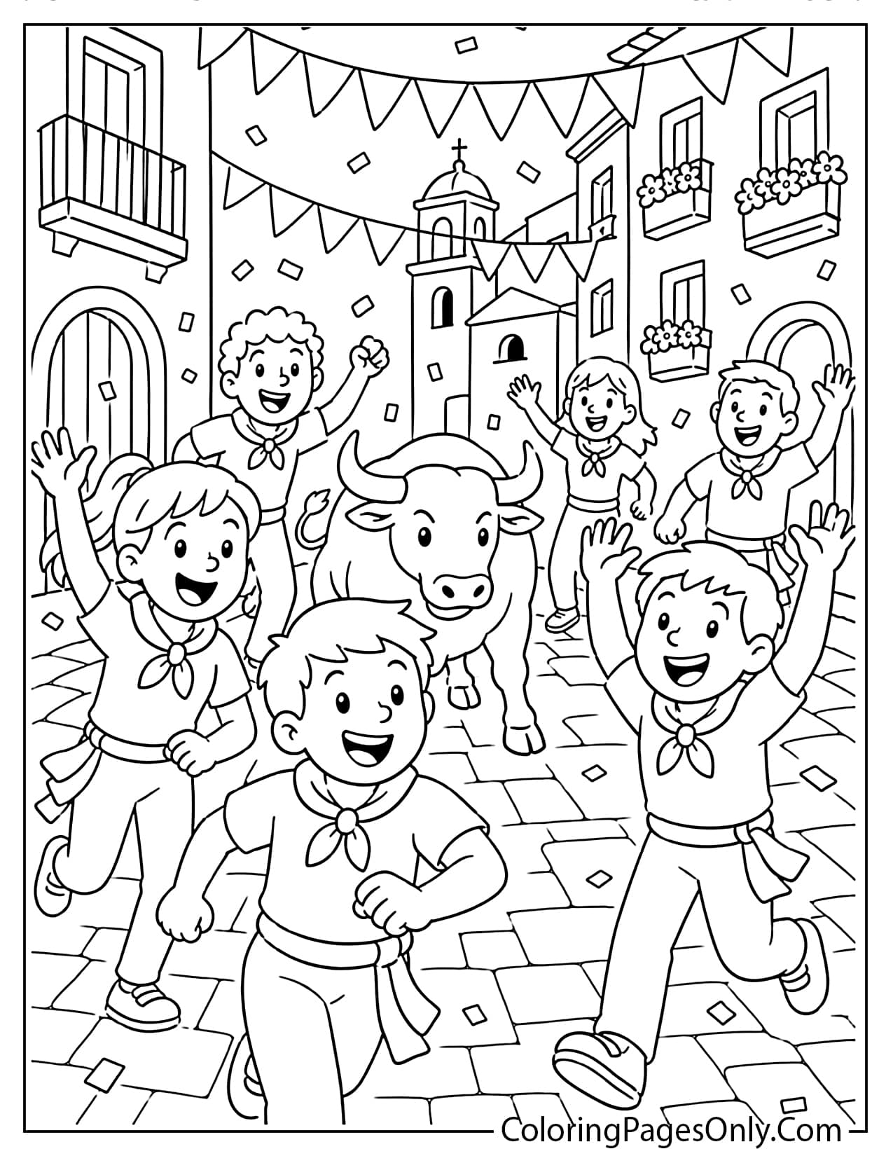 San Fermin festival coloring page with cheerful participants wearing traditional white clothes and red scarves from Spain