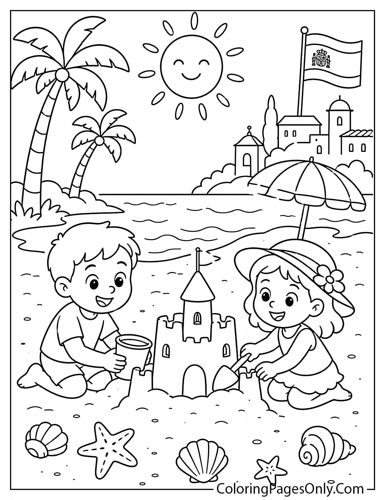 Sunny Spain beach coloring page with palm trees, umbrellas, seashells and children building a sandcastle from Spain
