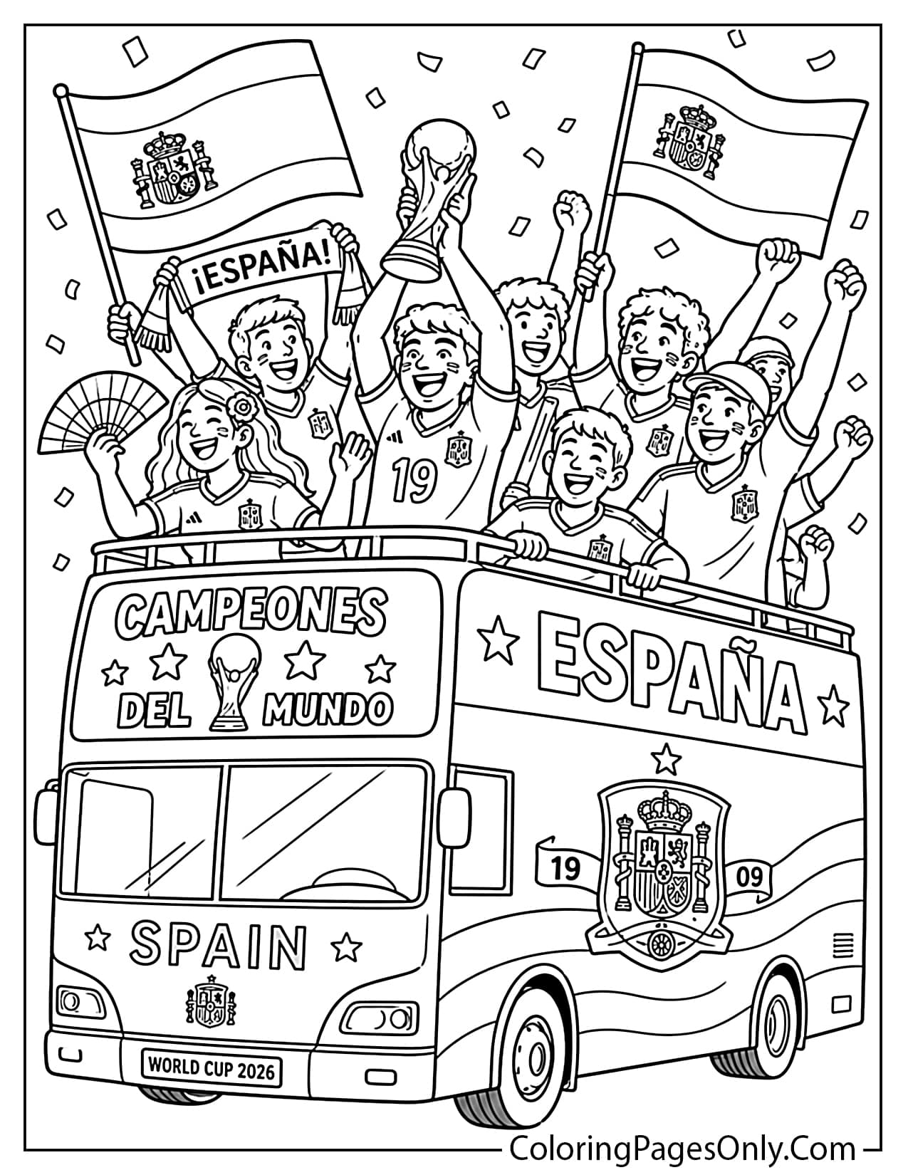Spain soccer fans celebrating on a red and yellow open top parade bus with Spanish flags from Spain