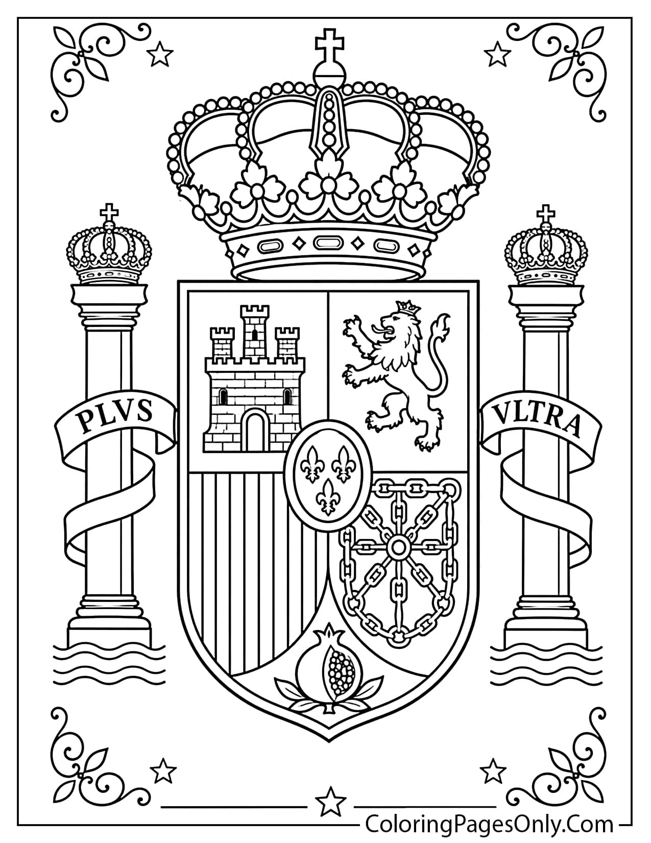 Detailed Spanish coat of arms coloring page featuring the crown, shield and national symbols from Spain