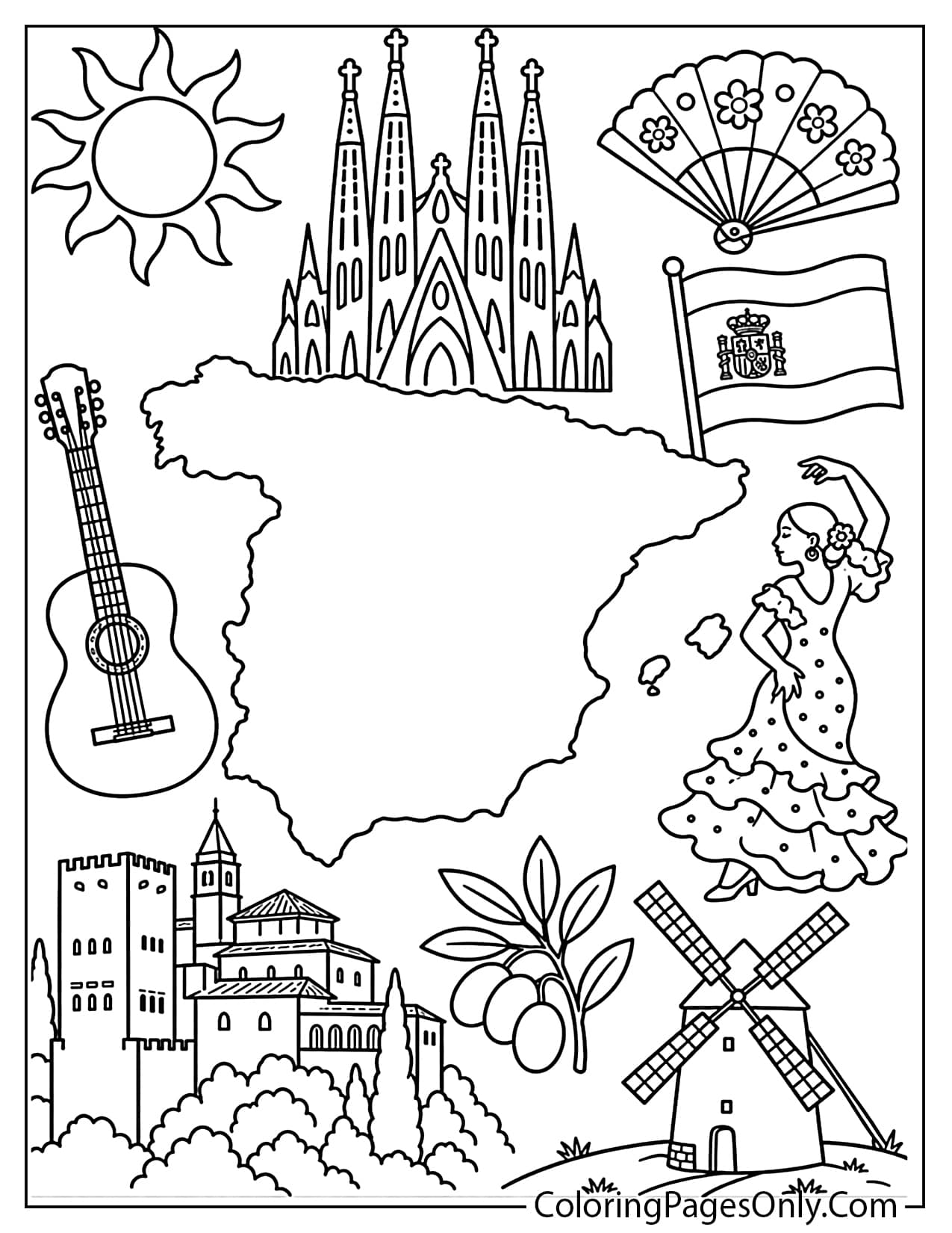 Printable Spain map coloring page with famous landmarks, a Spanish flag and cultural symbols from Spain