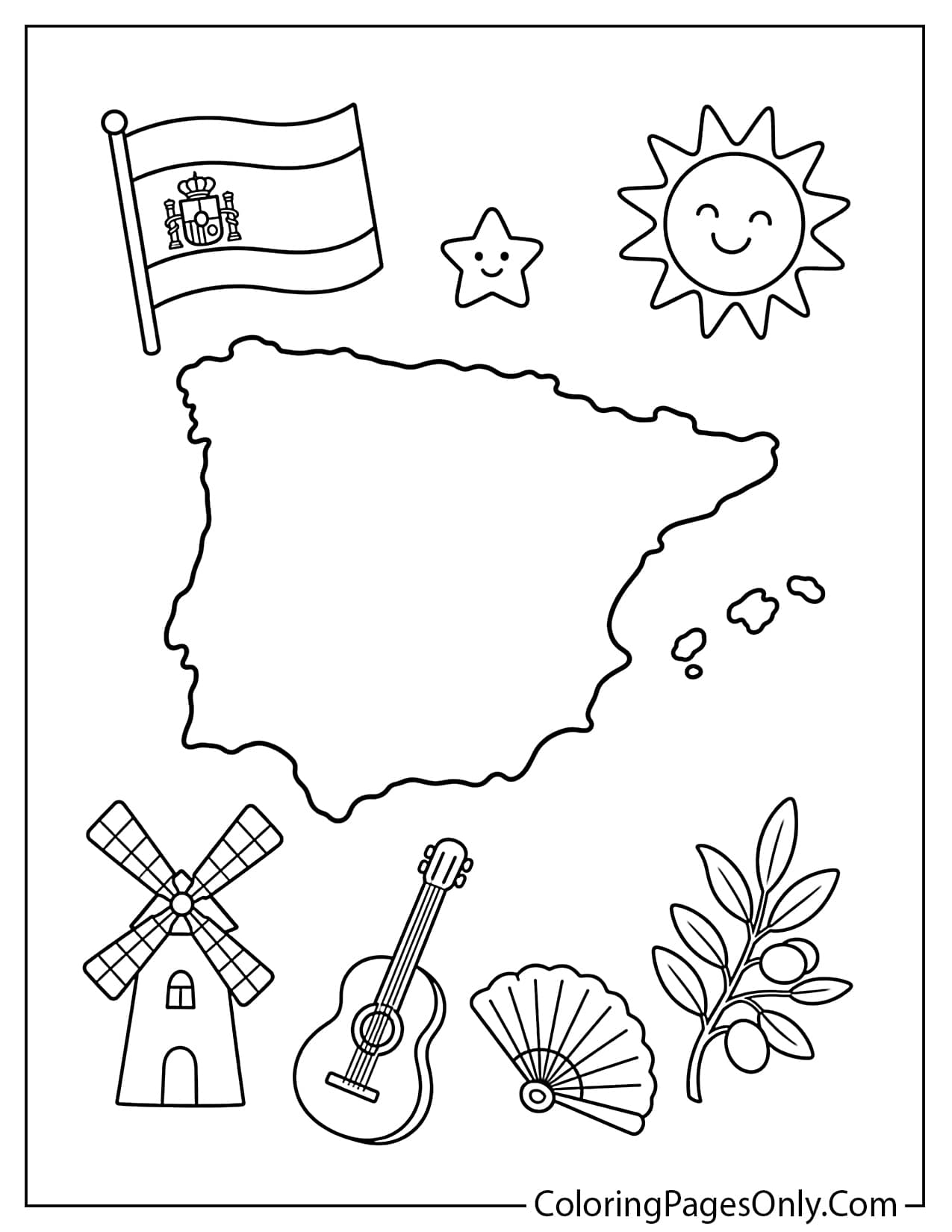 Simple outline map of Spain coloring page for preschool and elementary school children from Spain