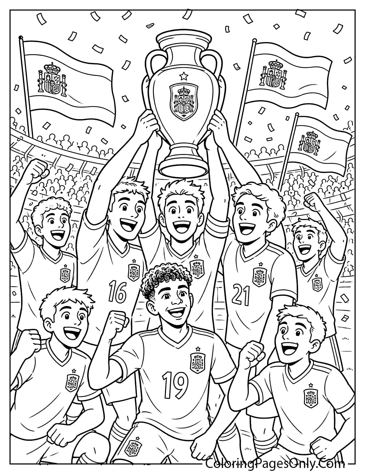 Spain soccer champions coloring page with players lifting a trophy and celebrating with Spanish flags from Spain