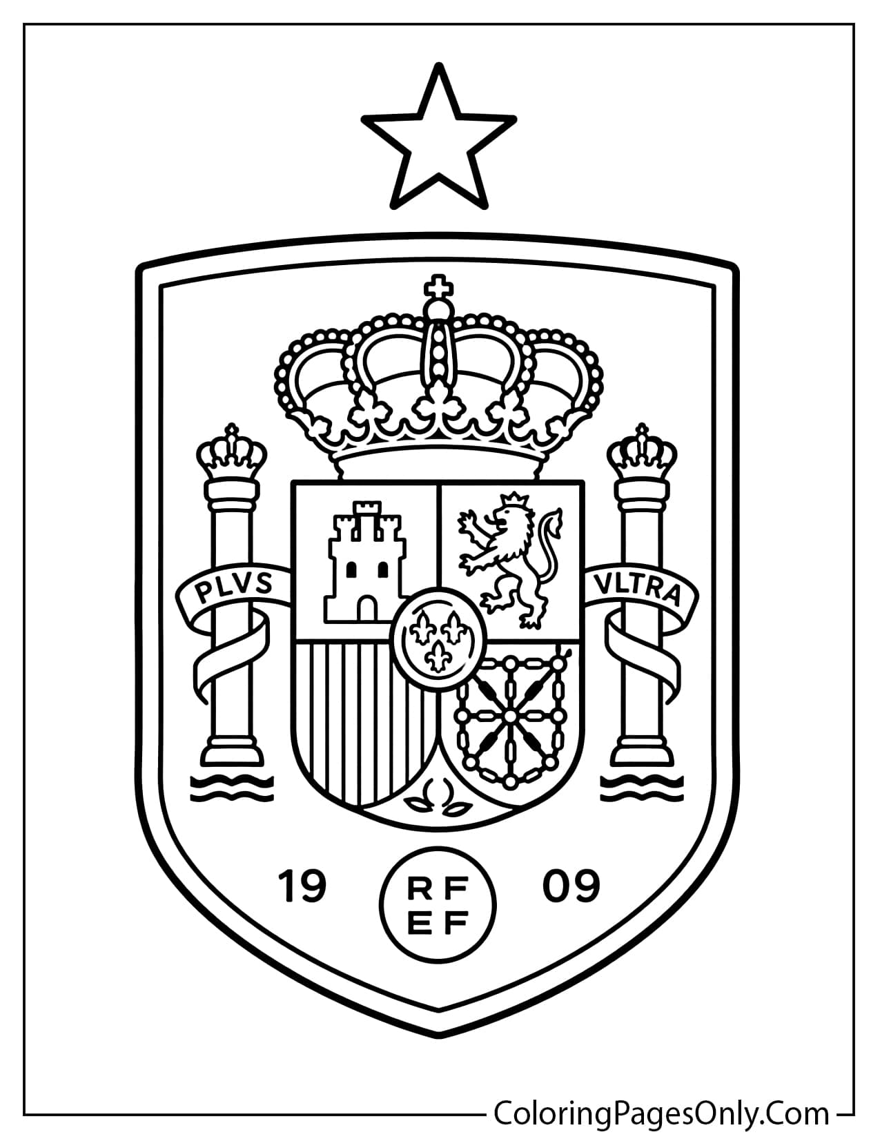 Spain soccer crest coloring page with a simplified crown and national team shield for kids from Spain