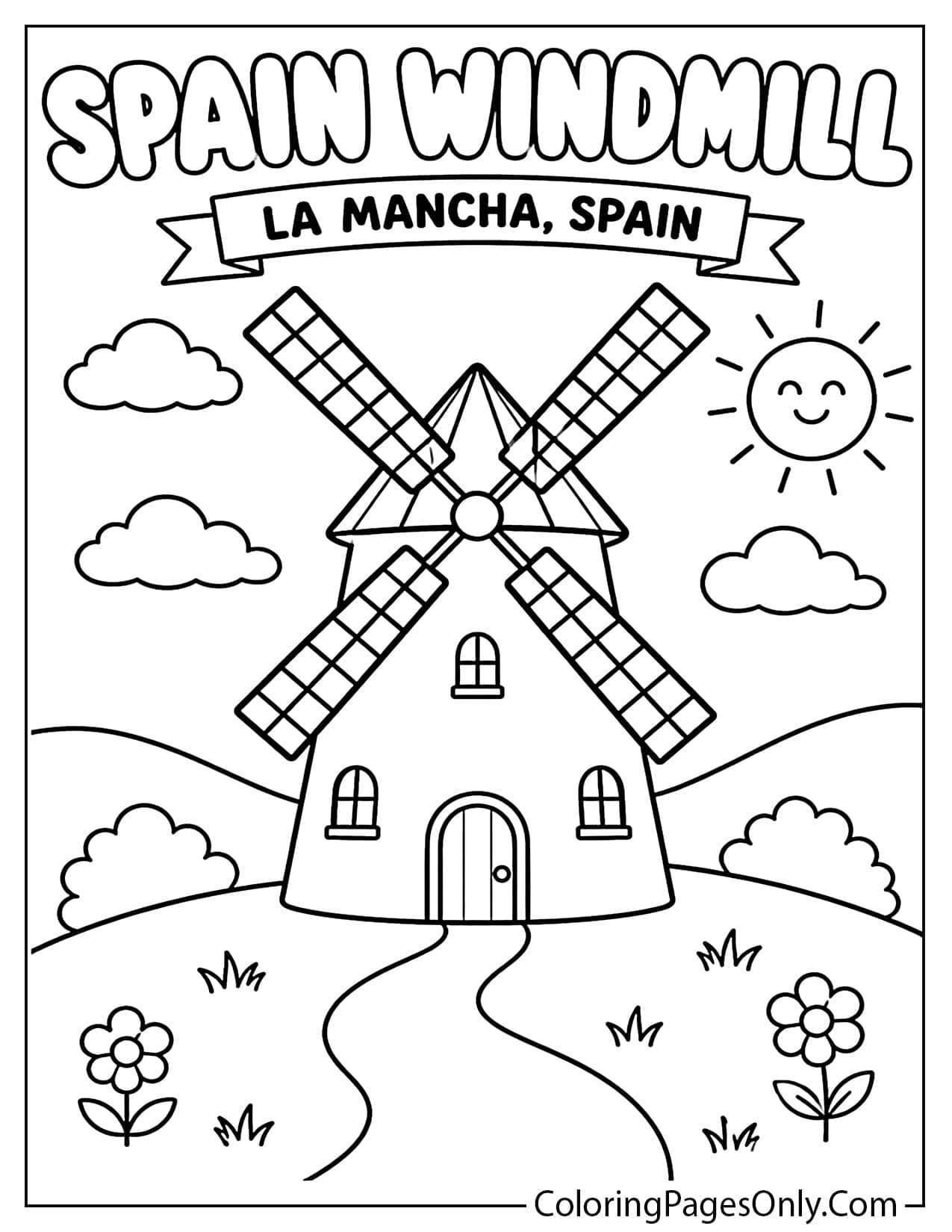 Traditional Spanish windmill coloring page inspired by the countryside of La Mancha from Spain