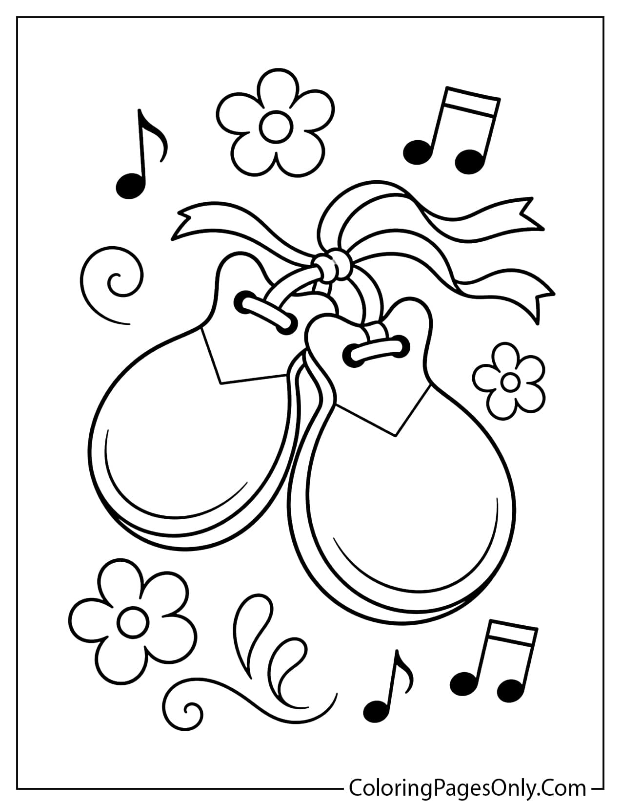 Spanish castanets coloring page with ribbons, music notes and simple flamenco decorations from Spain