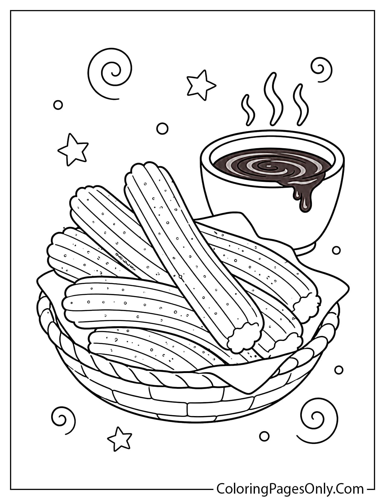 Spanish churros coloring page with crispy churros and a cup of warm chocolate for dipping from Spain