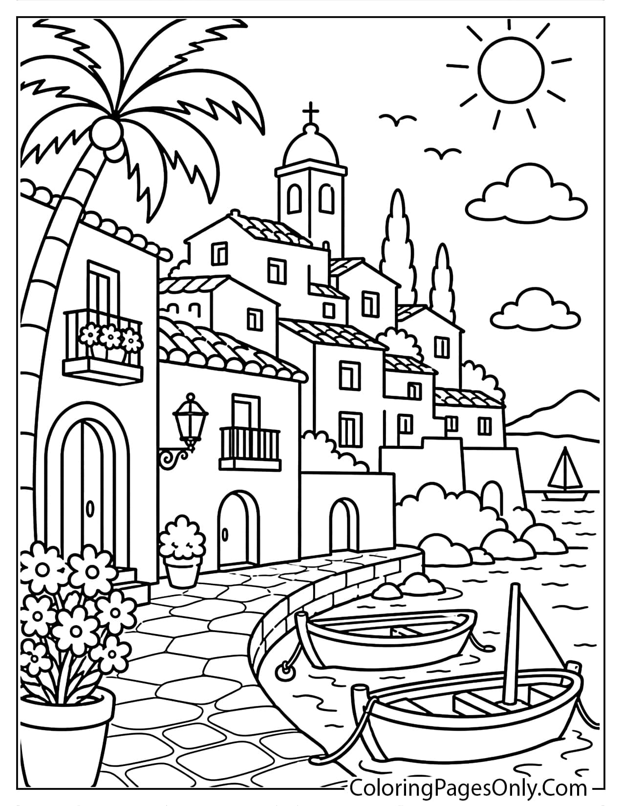 Spanish coastal village coloring page with white houses, fishing boats an from Spain