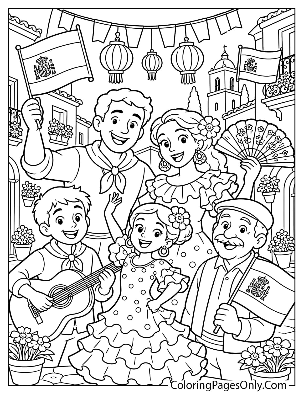 Happy Spanish family celebrating at a street festival with flags, flamenco fans, guitar and traditional decorations from Spain