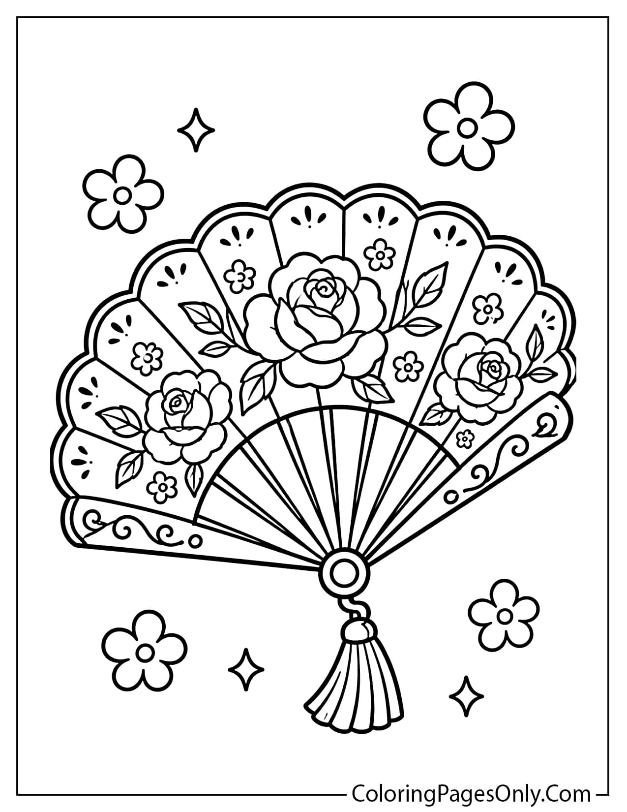 Traditional Spanish folding fan coloring page decorated with flowers and elegant patterns from Spain