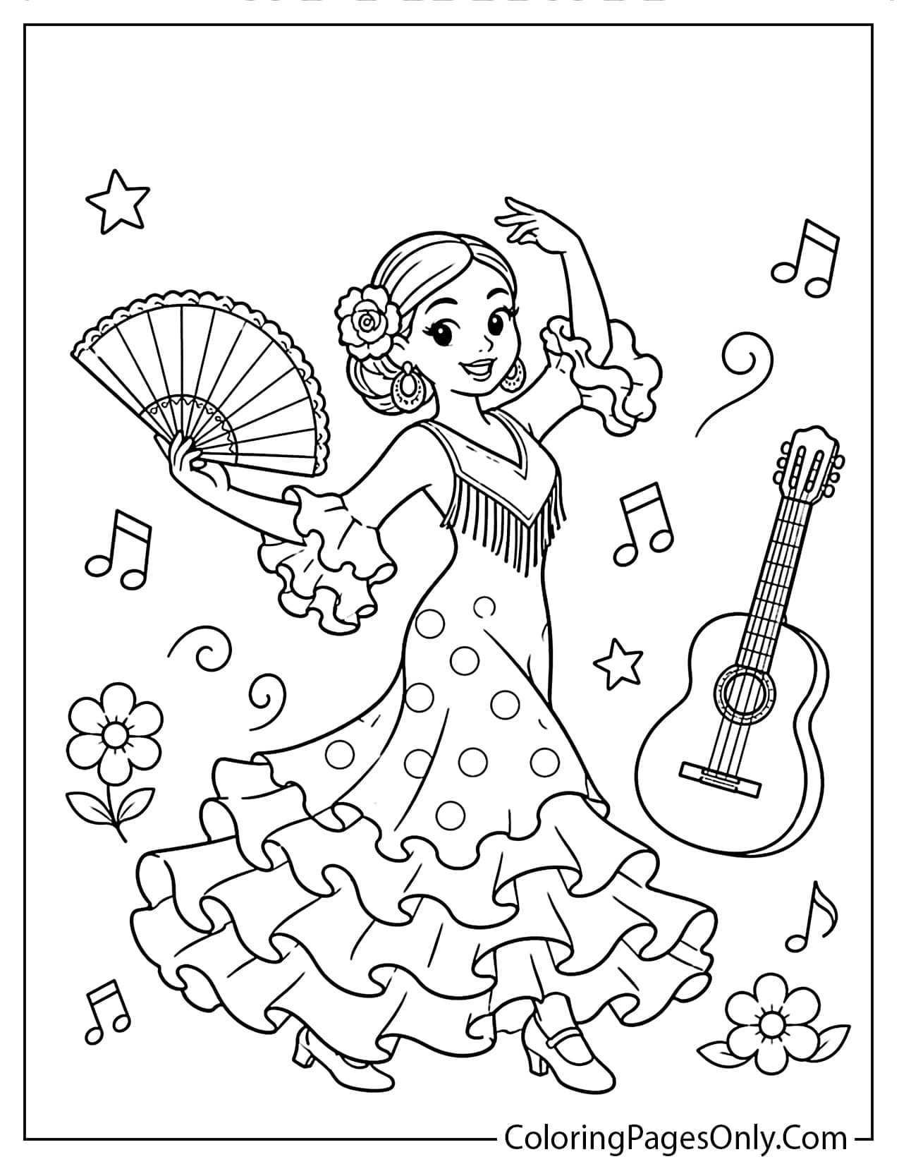 Spanish flamenco dancer coloring page wearing a flowing ruffled dress and dancing with a fan from Spain