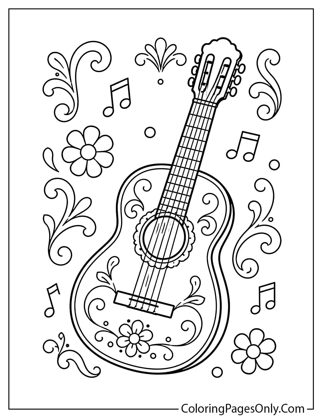 Decorative Spanish guitar coloring page surrounded by musical notes and traditional patterns from Spain
