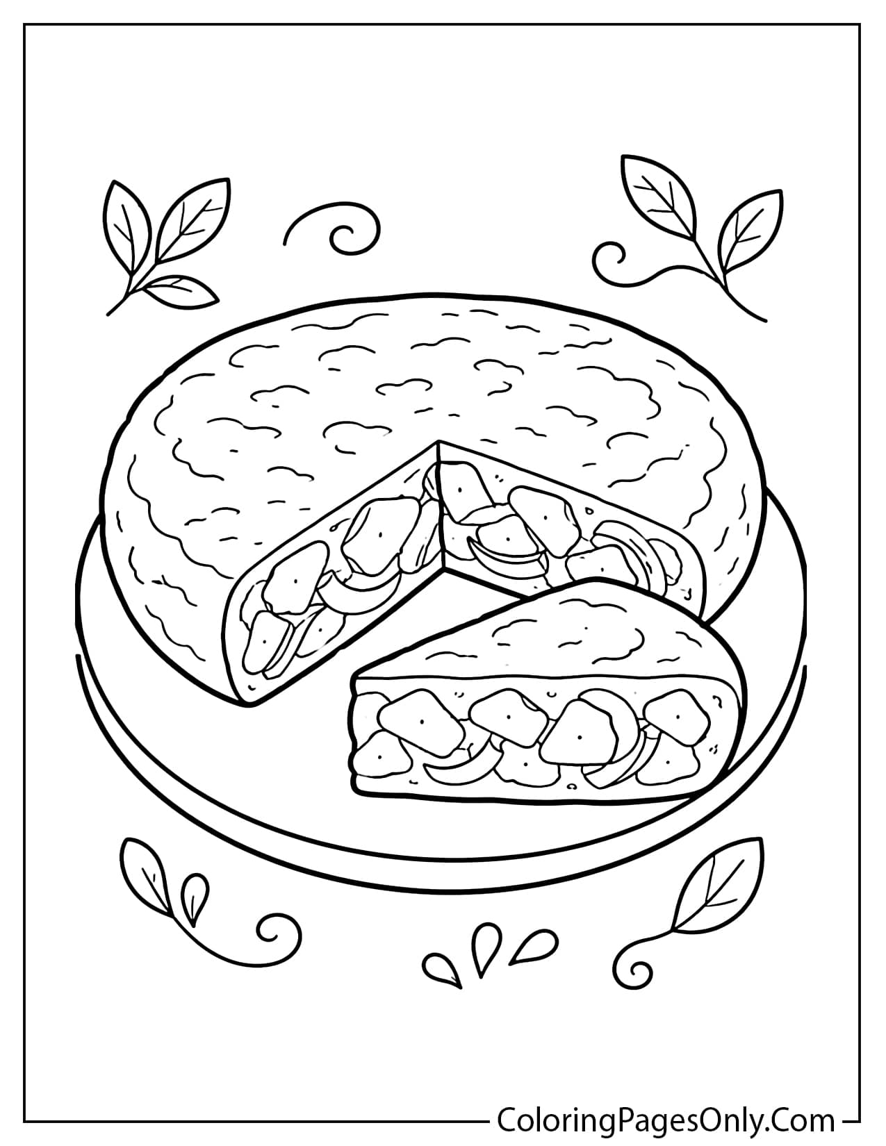 Spanish omelette coloring page showing sliced tortilla espanola with potatoes and onions from Spain