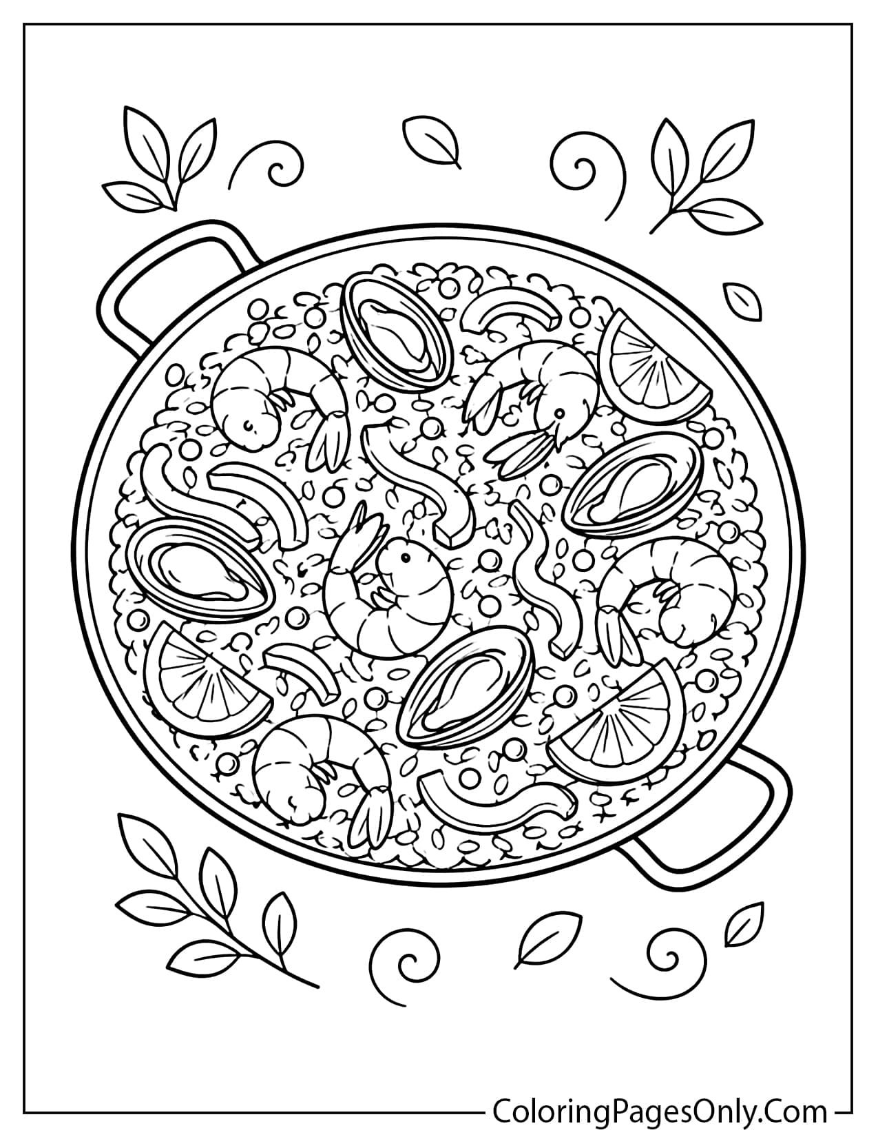 Spanish paella coloring page with rice, vegetables, seafood and lemon slices in a large pan from Spain
