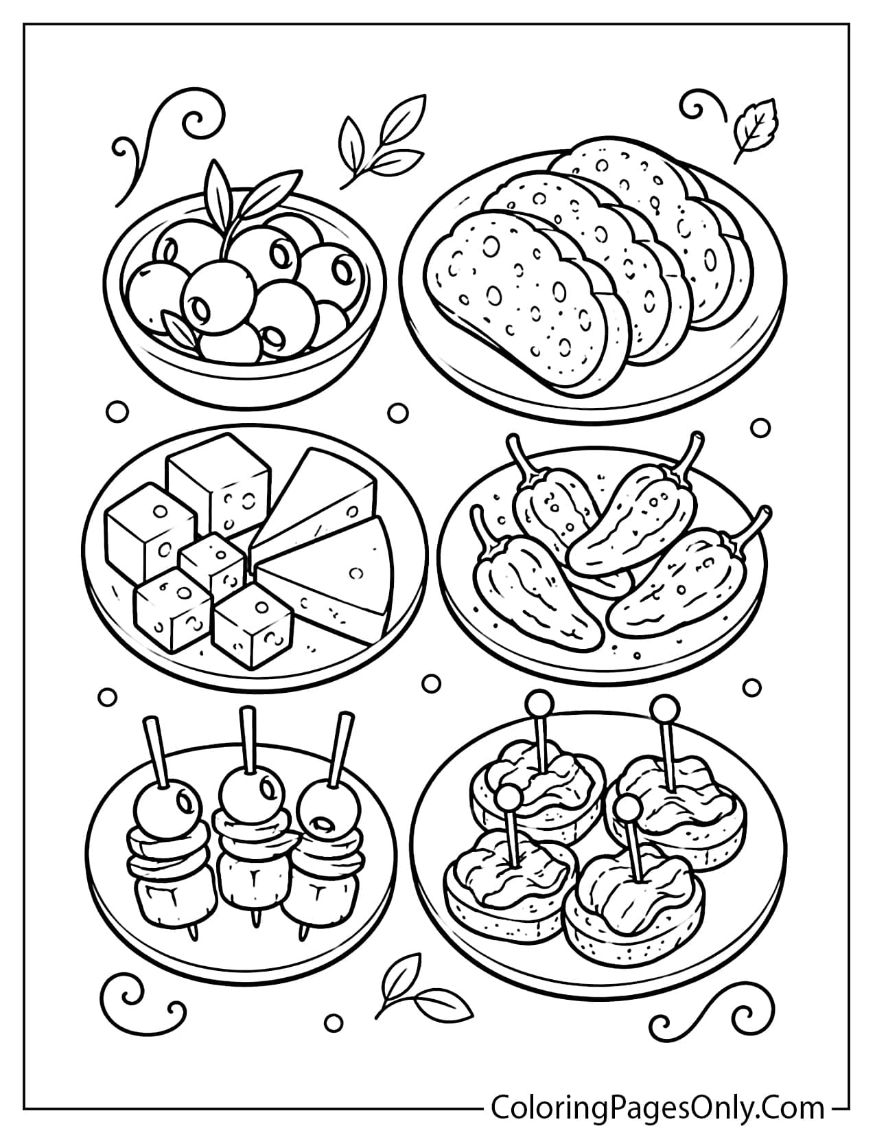 Spanish tapas coloring page with small plates of olives, bread, cheese and traditional snacks from Spain