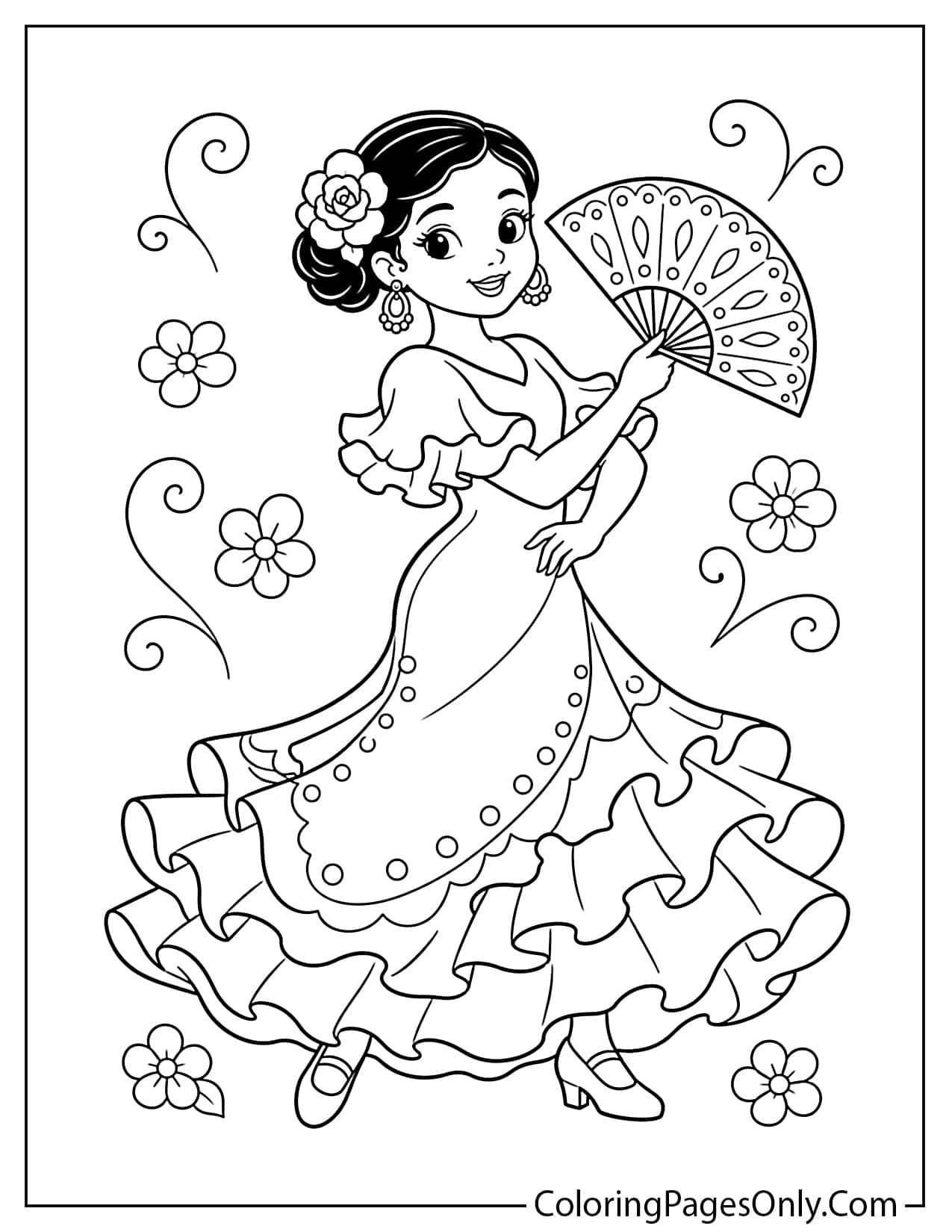 Spanish girl wearing a traditional ruffled dress and holding a decorative fan coloring page from Spain