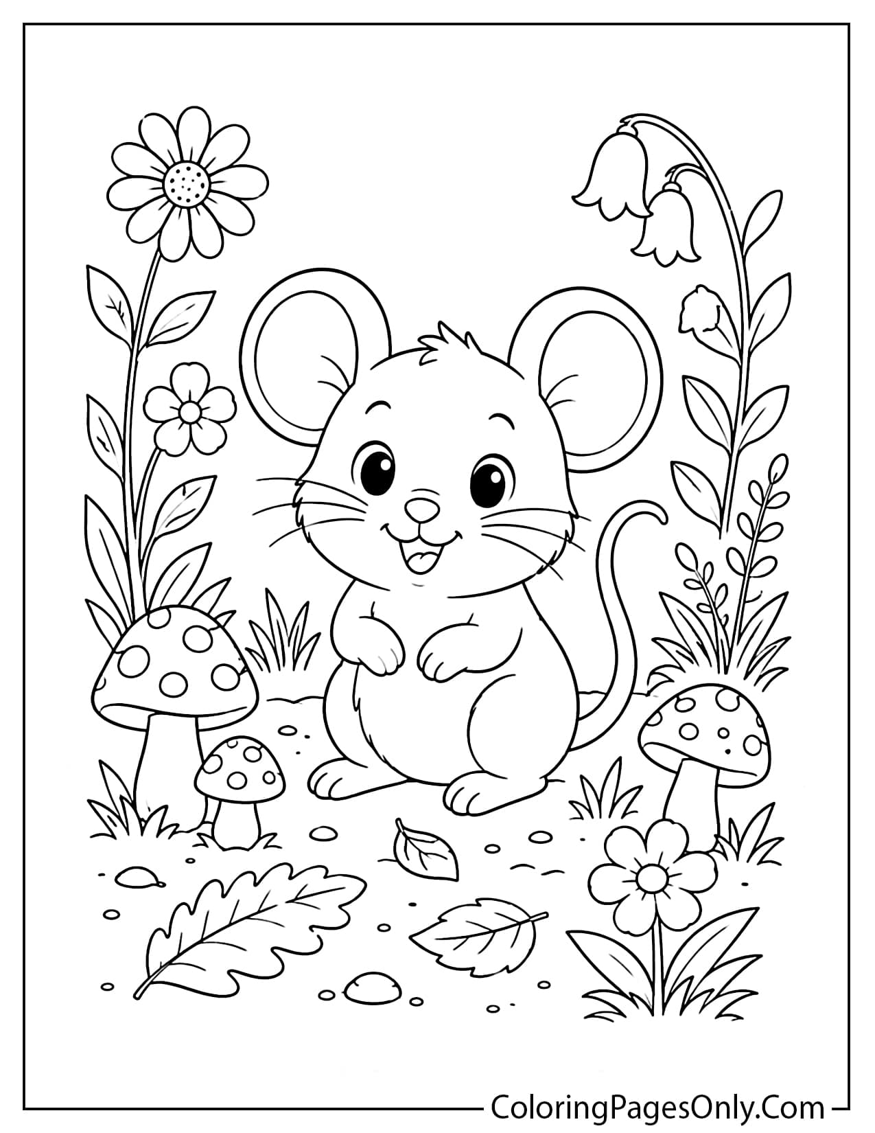 Woodland mouse coloring page with flowers and mushrooms from Mouse