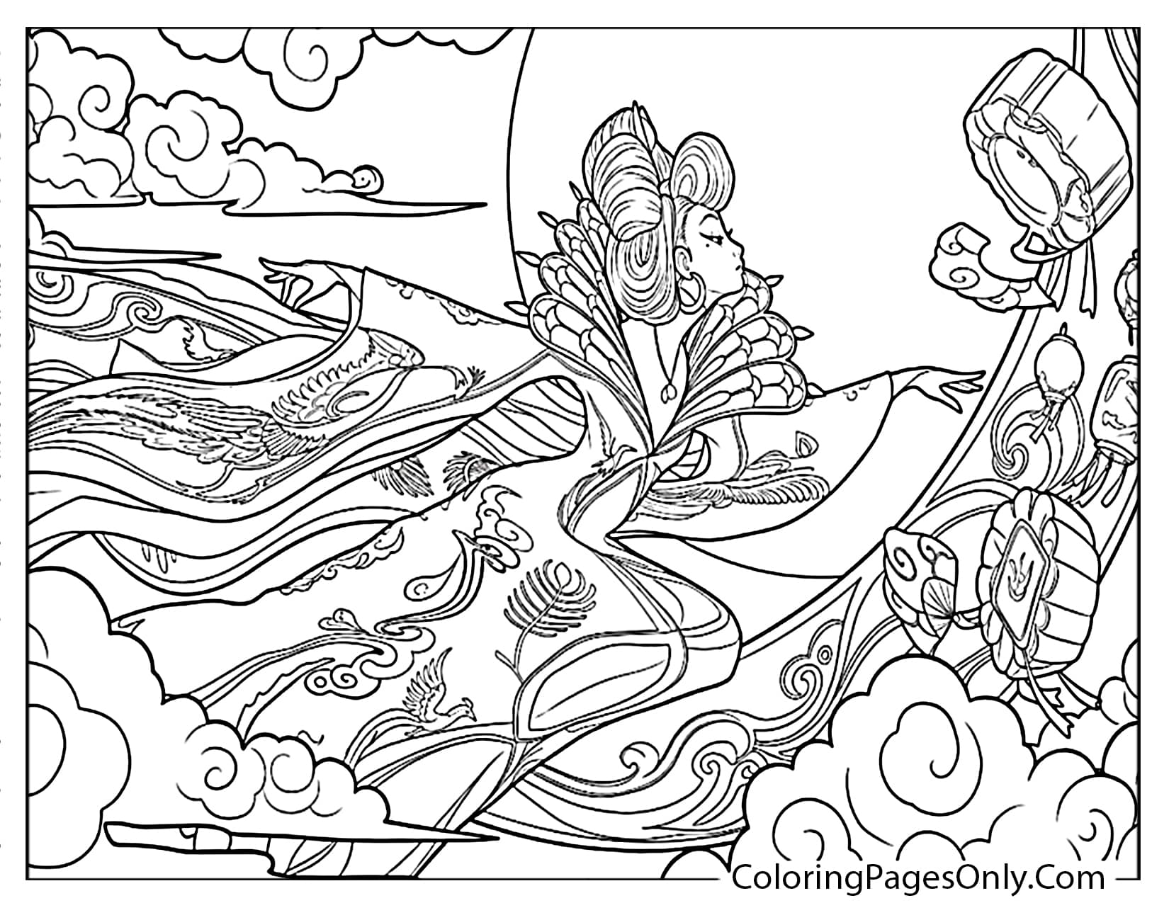 Goddess Chang e Flying in the Sky in Over the Moon Coloring Pages from Over The Moon