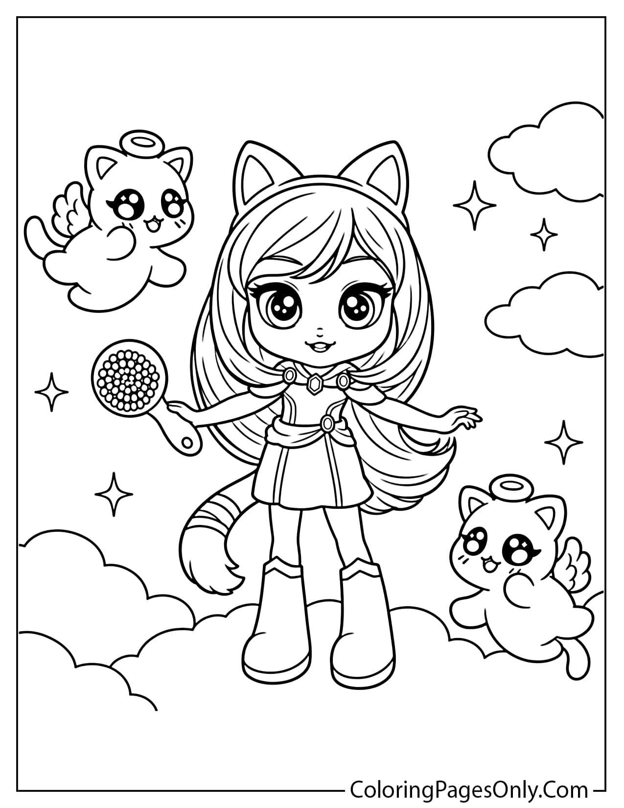 A line drawing of Aphmau in her cat girl form holding a brush, surrounded by two flying angel cats with wings and halos among clouds and stars. from Aphmau