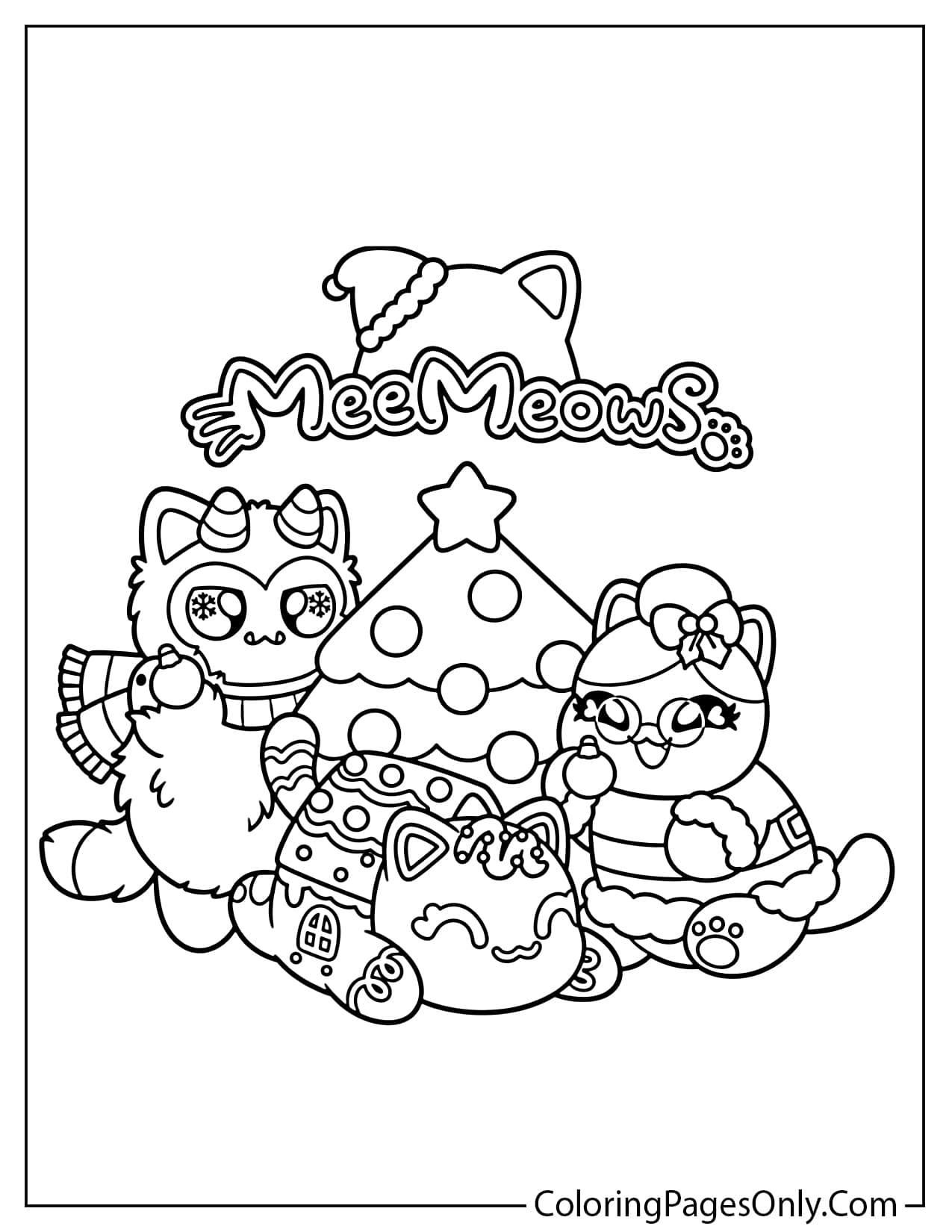 A festive line art drawing of four holiday cat characters dressed in winter gear gathered around a decorated Christmas tree. from Aphmau