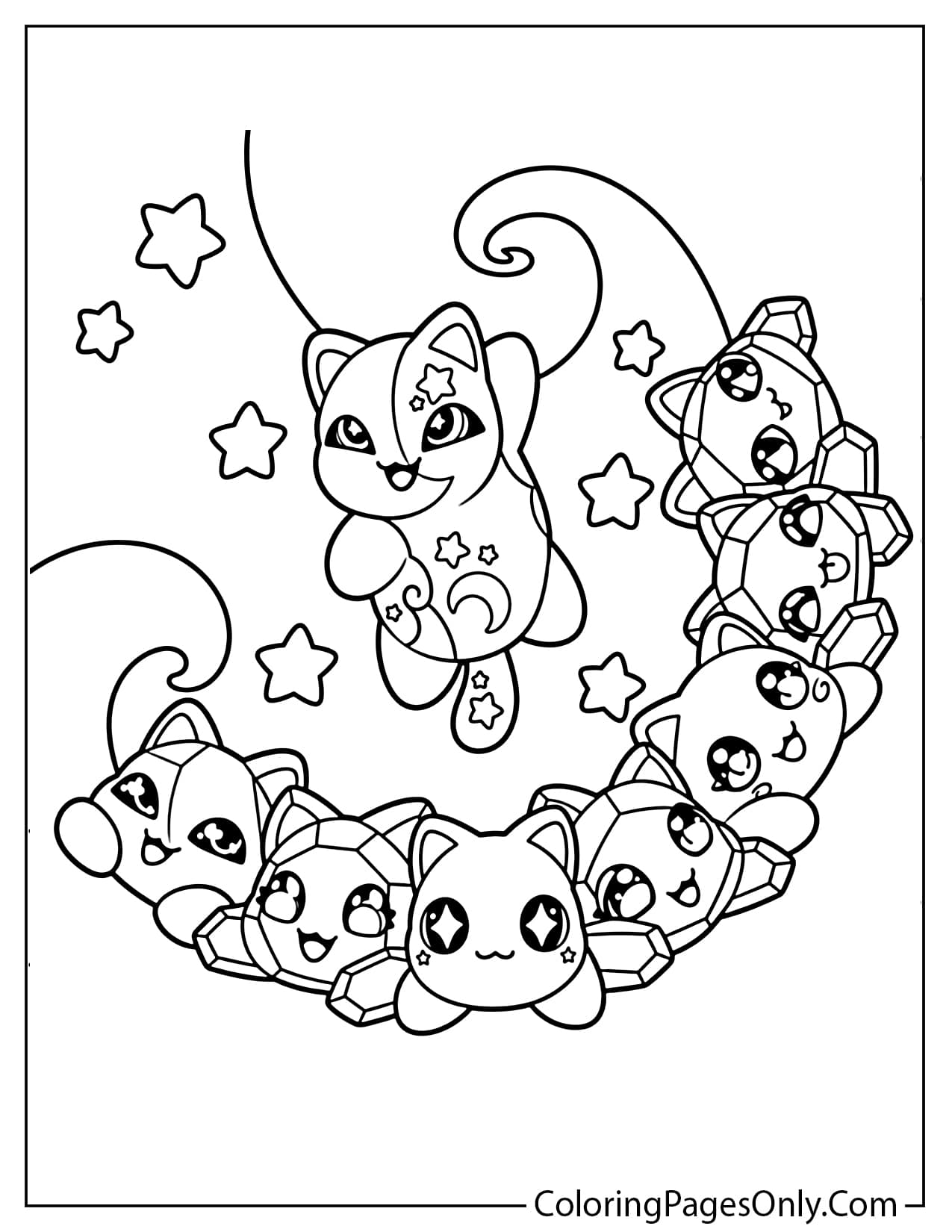 A line art drawing showing a circle of small crystal shaped cats floating with a central star patterned cat in a night sky constellation. from Aphmau
