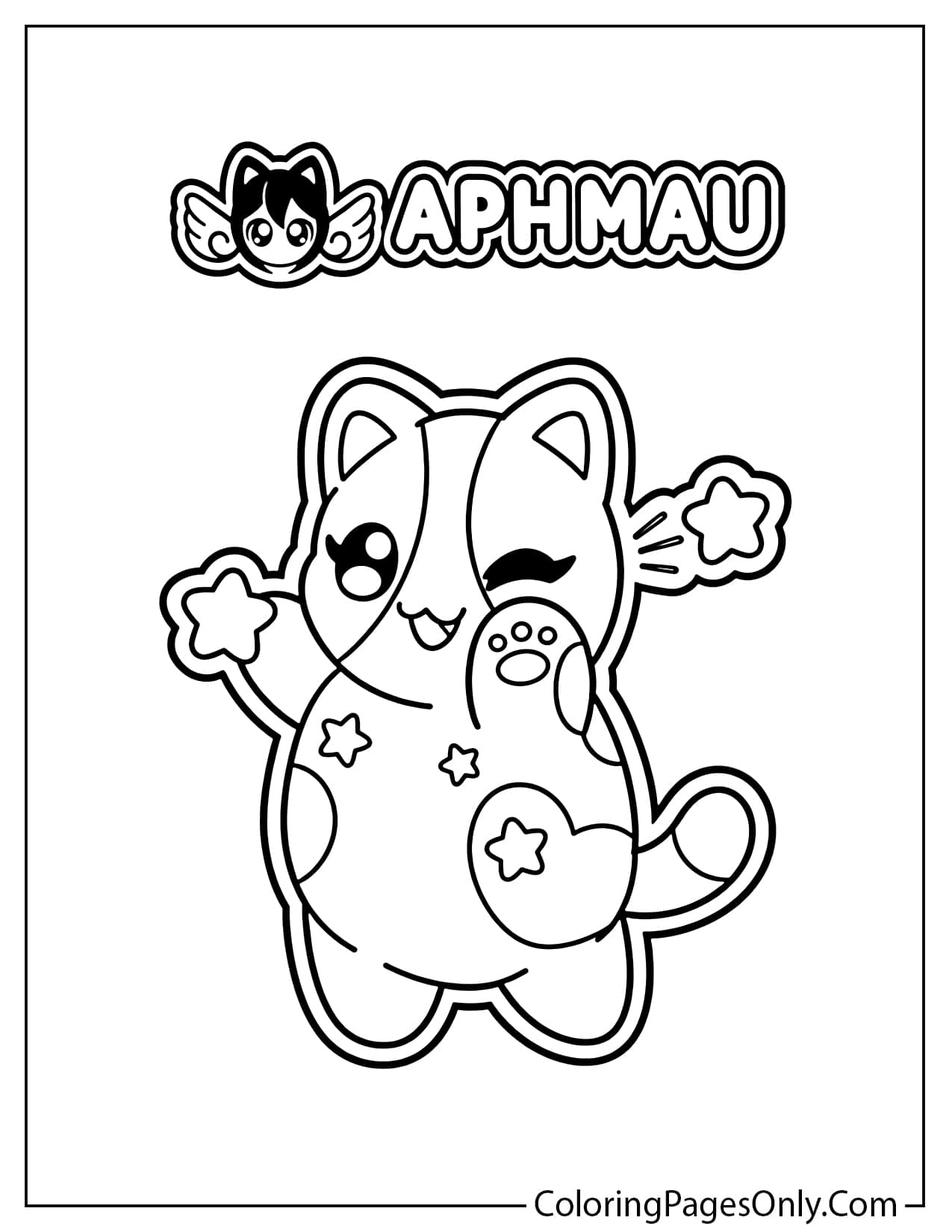 A simple line drawing of a winking cat character with star patterns on its body, waving its paw under the Aphmau logo. from Aphmau