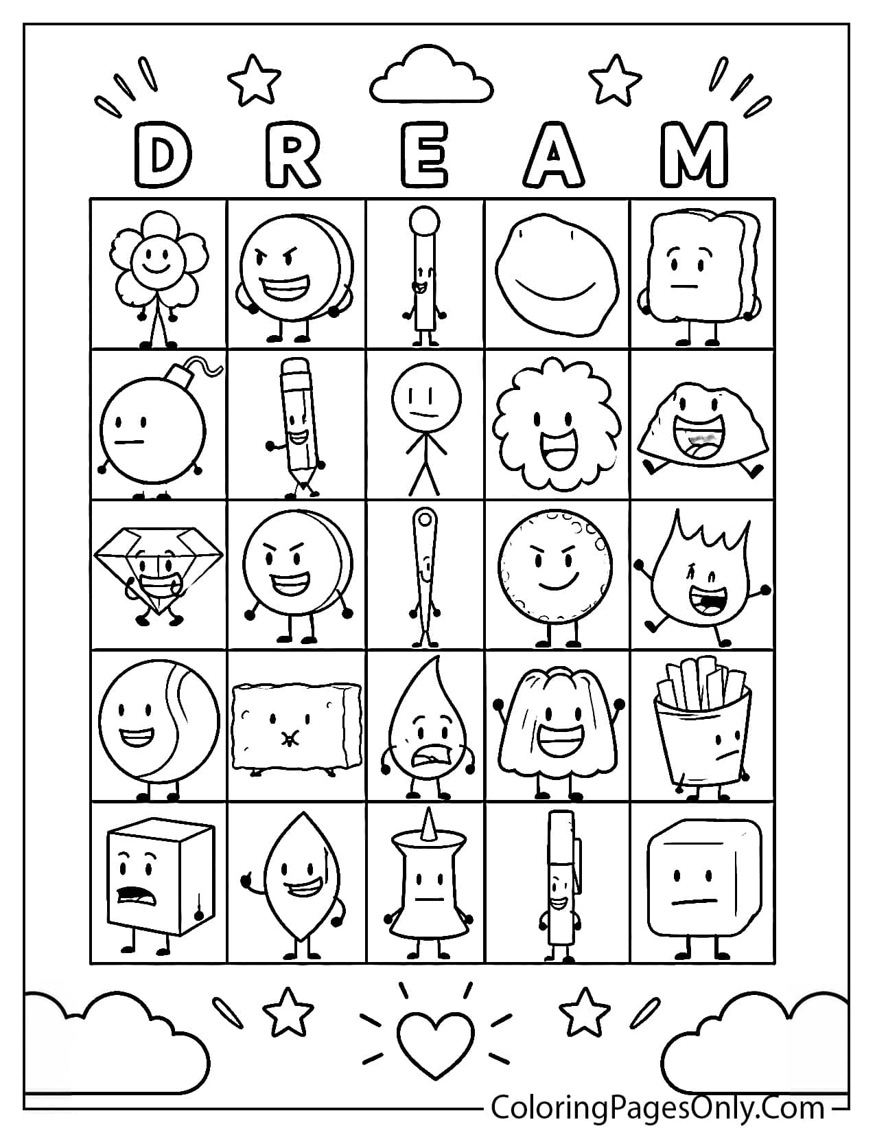 Black and white BFDI characters coloring page featuring multiple Battle for Dream Island object characters arranged in a fun grid design. Printable line art coloring sheet for kids and object show fans. from Battle for Dream Island