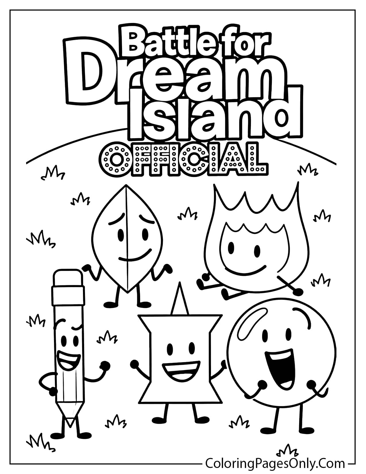 Dream Island BFDI coloring page featuring cute object characters such as pencil, fire, leaf, block, and round characters in a fun outdoor setting. Black and white line drawing for coloring. from Battle for Dream Island