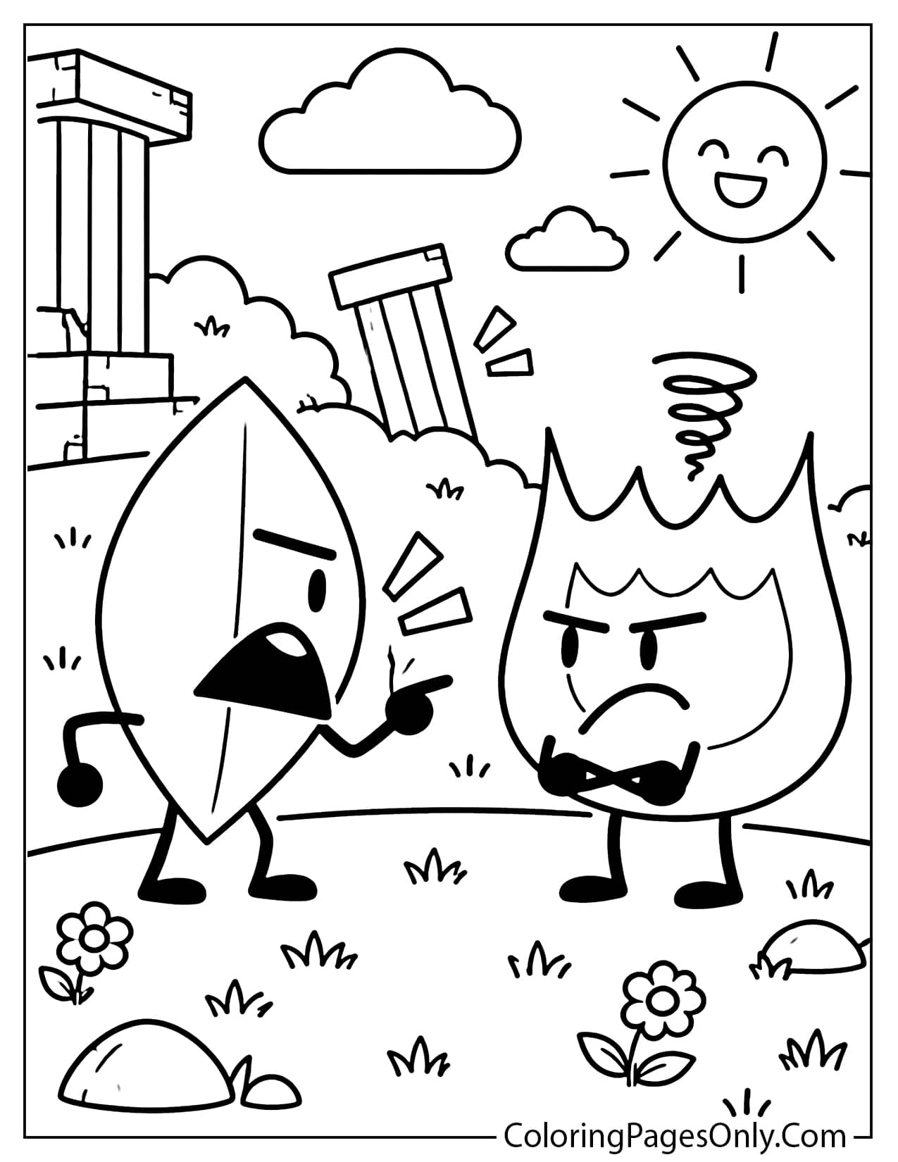 BFDI object characters coloring page showing animated objects having a fun outdoor scene with grass, flowers, trees, clouds, and cartoon expressions. Easy printable coloring activity for kids. from Battle for Dream Island