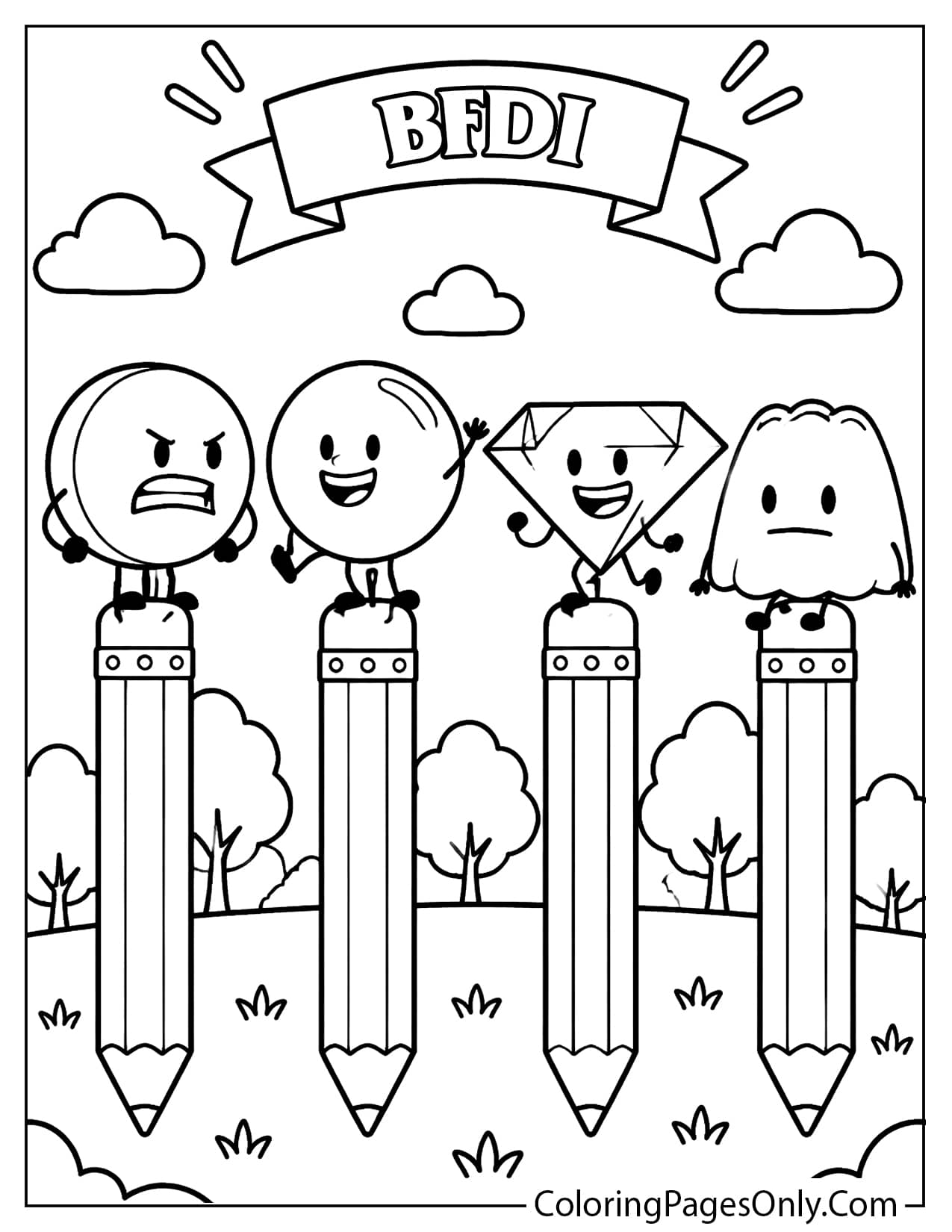 Cute BFDI pencil characters coloring page featuring object show characters standing on pencils with clouds, trees, and outdoor scenery. Simple black and white printable coloring page for children. from Battle for Dream Island