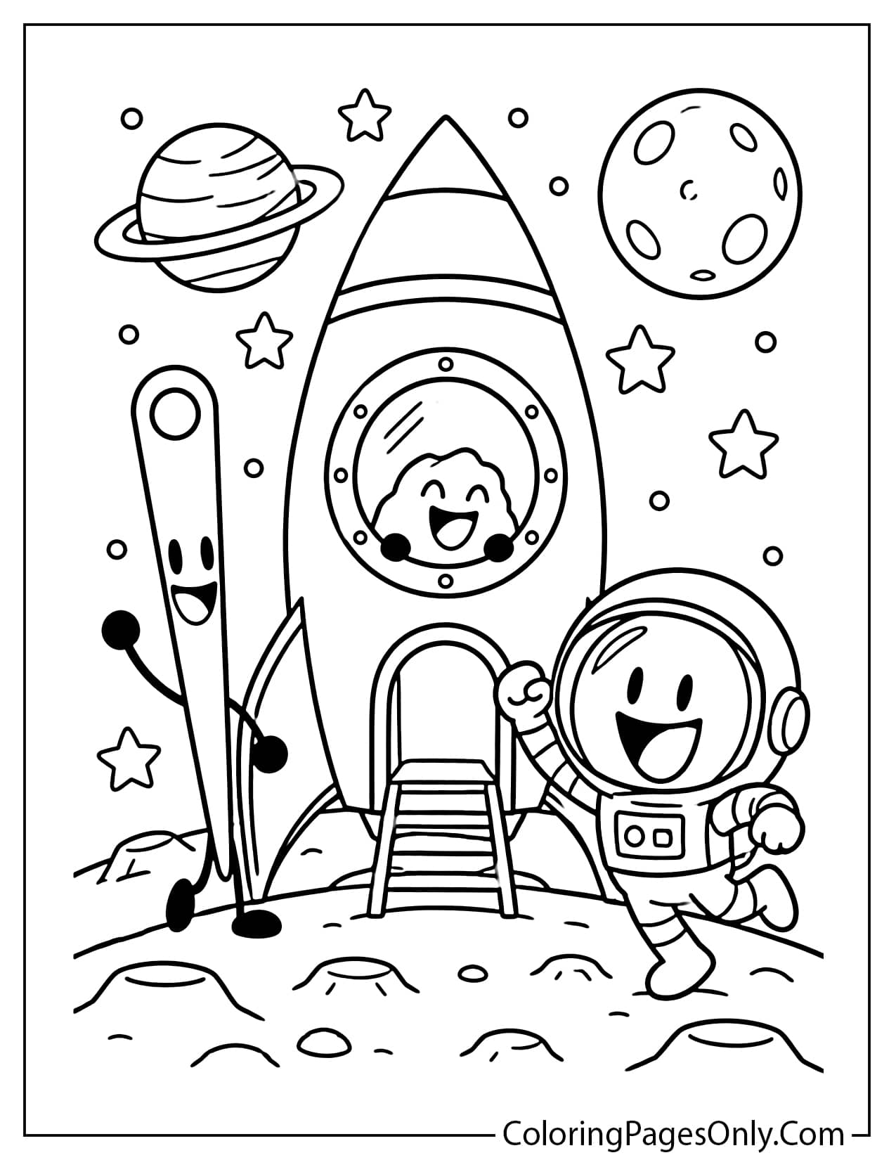 BFDI space adventure coloring page featuring a rocket, astronaut character, pencil character, planets, stars, and moon elements. Printable black and white coloring page for children and object show fans. from Battle for Dream Island