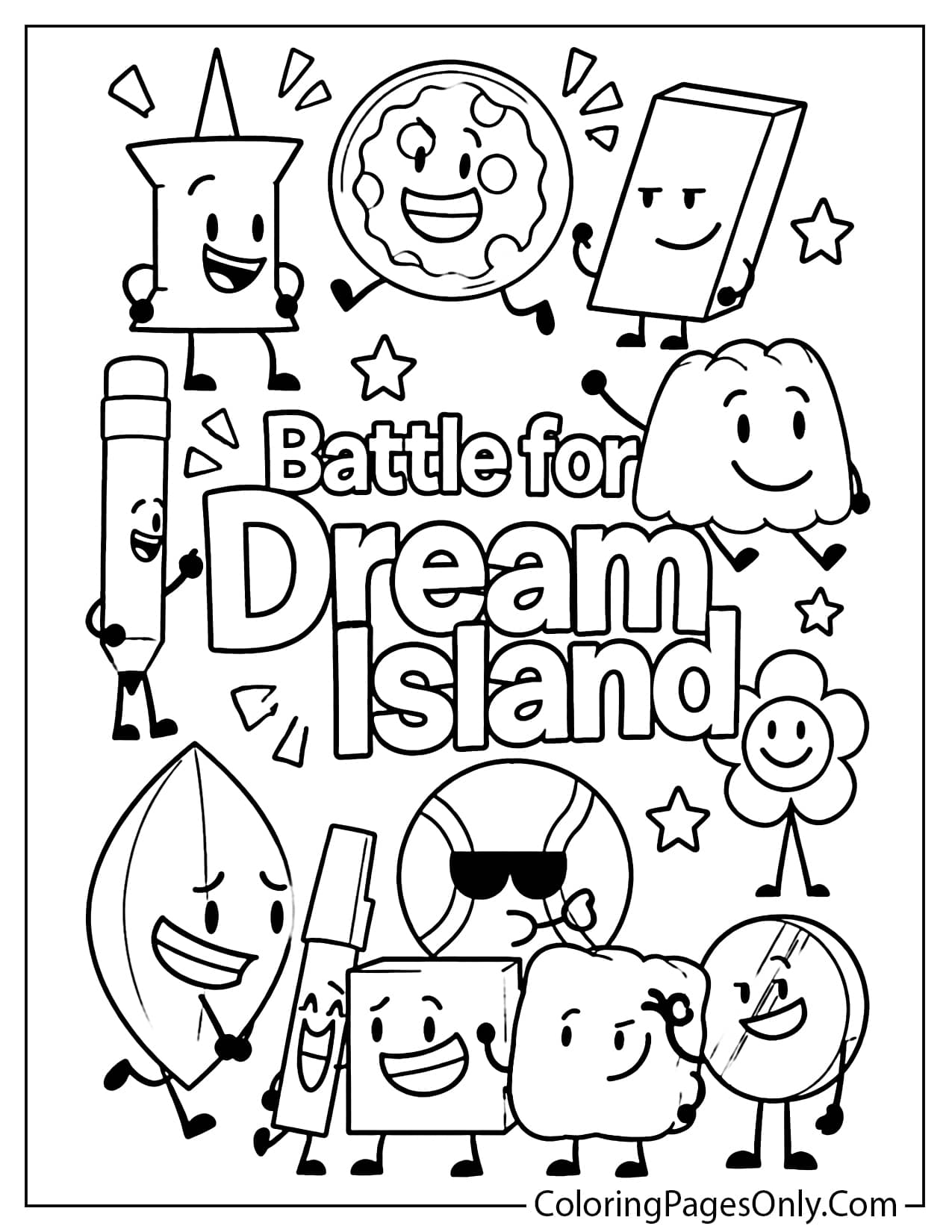 Battle for Dream Island coloring page featuring colorful object characters including pencil, leaf, fire, moon, and other BFDI characters. Fun black and white printable coloring sheet for kids. from Battle for Dream Island