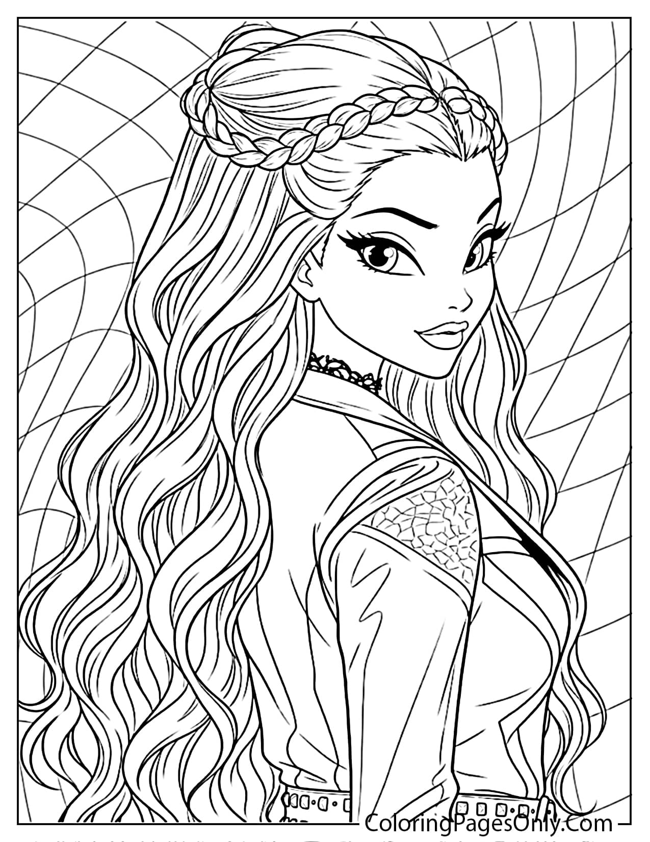 Side-profile coloring page of a girl with long wavy hair, braided crown, and leather jacket from Descendants: The Rise of Red. from Descendants
