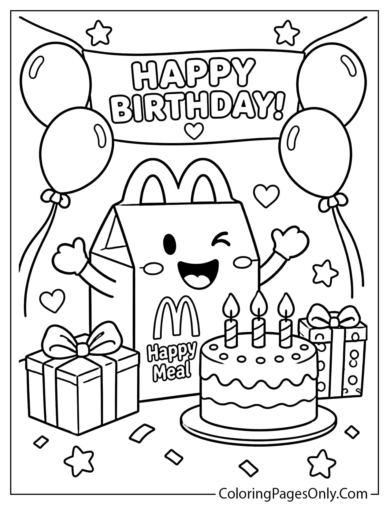 Happy Birthday Happy Meal box coloring page featuring a smiling Happy Meal container, birthday cake, candles, balloons, gifts, and party decorations. Easy black and white coloring page for kids. from McDonald's