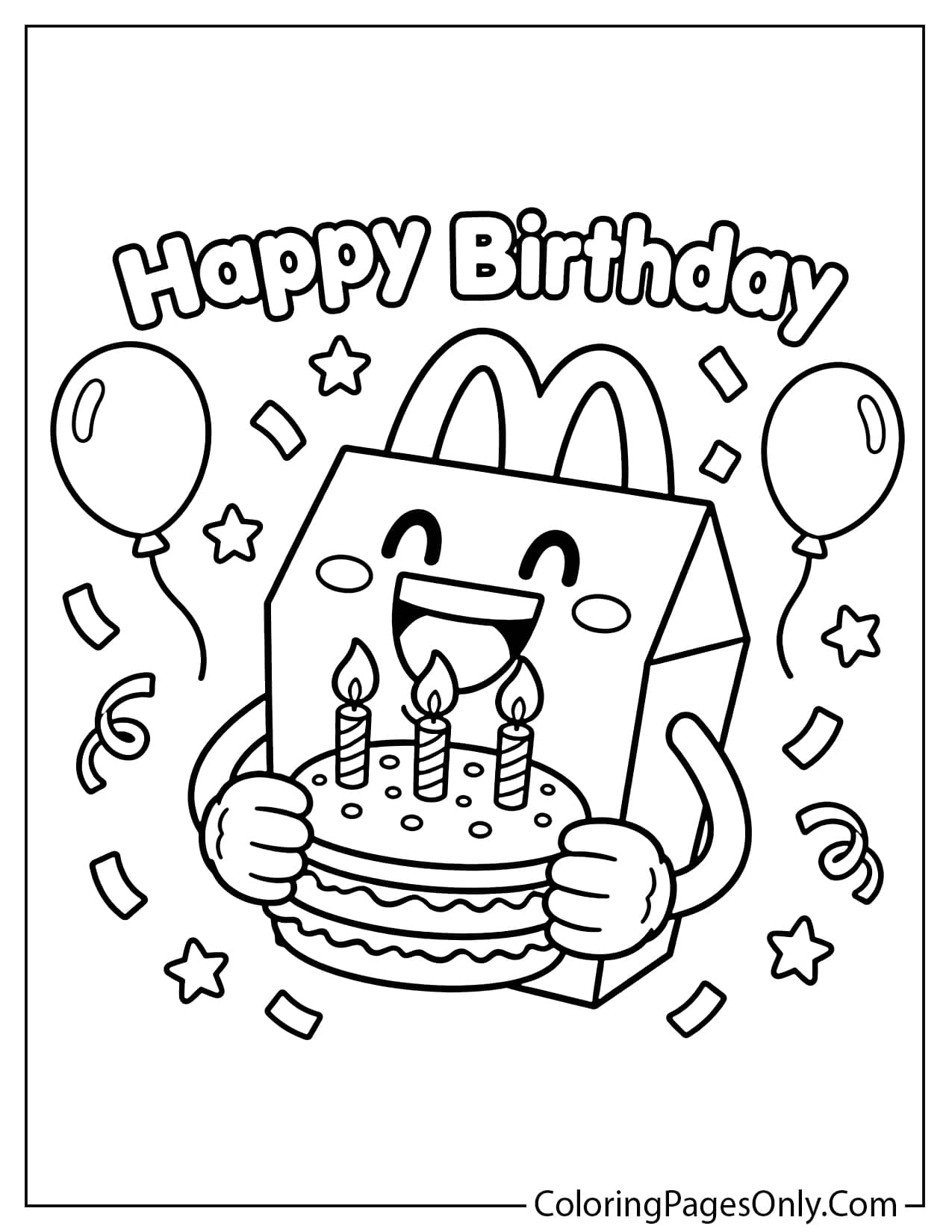 Cute Happy Meal birthday party coloring page featuring a smiling McDonald's Happy Meal box holding a birthday cake with candles, balloons, stars, and confetti. Simple black and white line art printable coloring page for kids. from McDonald's