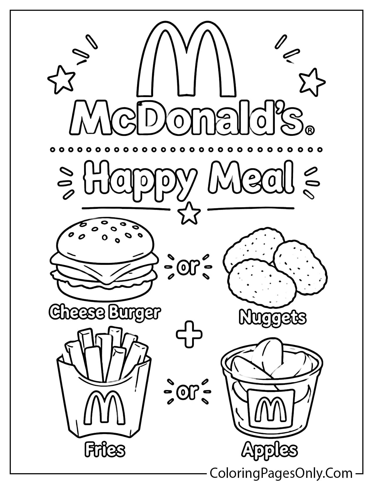 McDonald's Happy Meal menu coloring page featuring burger, nuggets, fries, apple slices, and Happy Meal items with simple outlines. Educational printable coloring activity for kids. from McDonald's