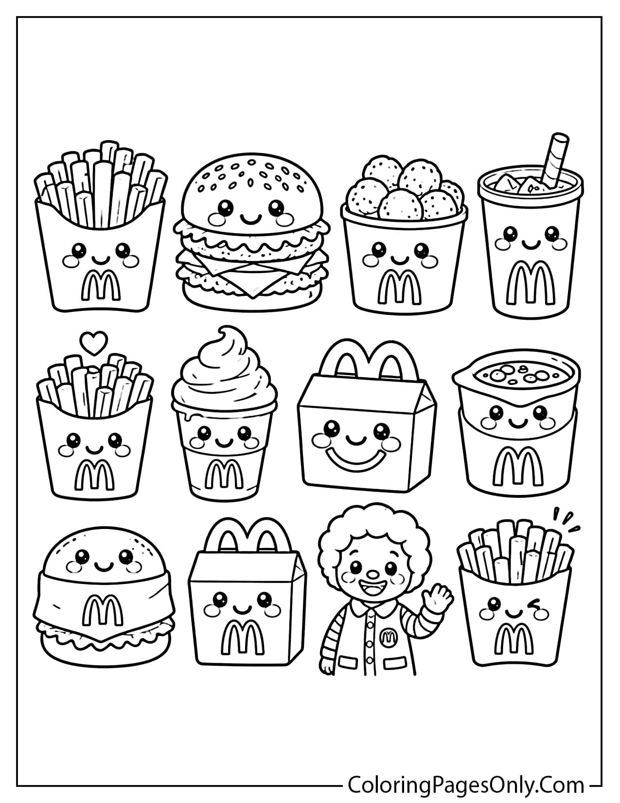 Cute McDonald's Happy Meal characters coloring page with smiling burger, fries, drink cup, and food characters. Simple cartoon style black and white coloring page designed for kids. from McDonald's