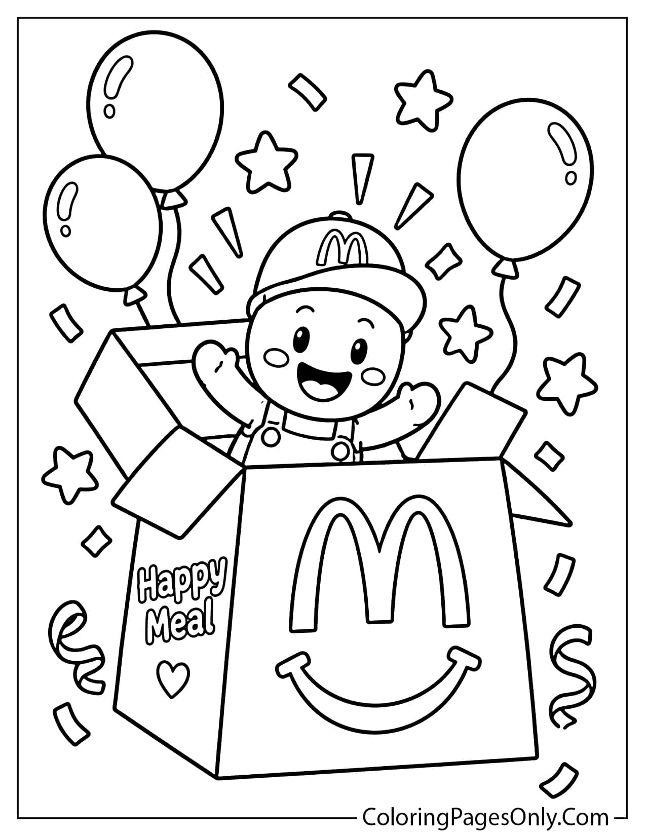 Happy Meal toy surprise coloring page showing a cute Happy Meal box opening with a child character, balloons, stars, and fun celebration elements. Easy black and white printable coloring sheet for children. from McDonald's
